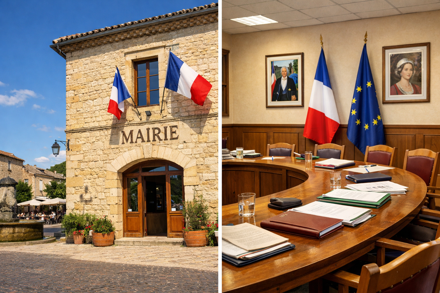 Fa&ccedil;ade d'une mairie fran&ccedil;aise avec drapeaux tricolores et salle du conseil municipal pour l'achat d'une licence 4 par une commune