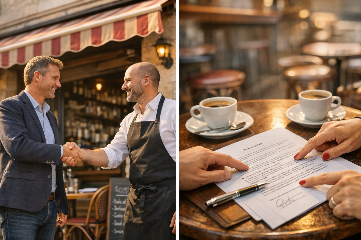 Poign&eacute;e de main entre particuliers devant un restaurant et v&eacute;rification d'un contrat de cession de licence 4
