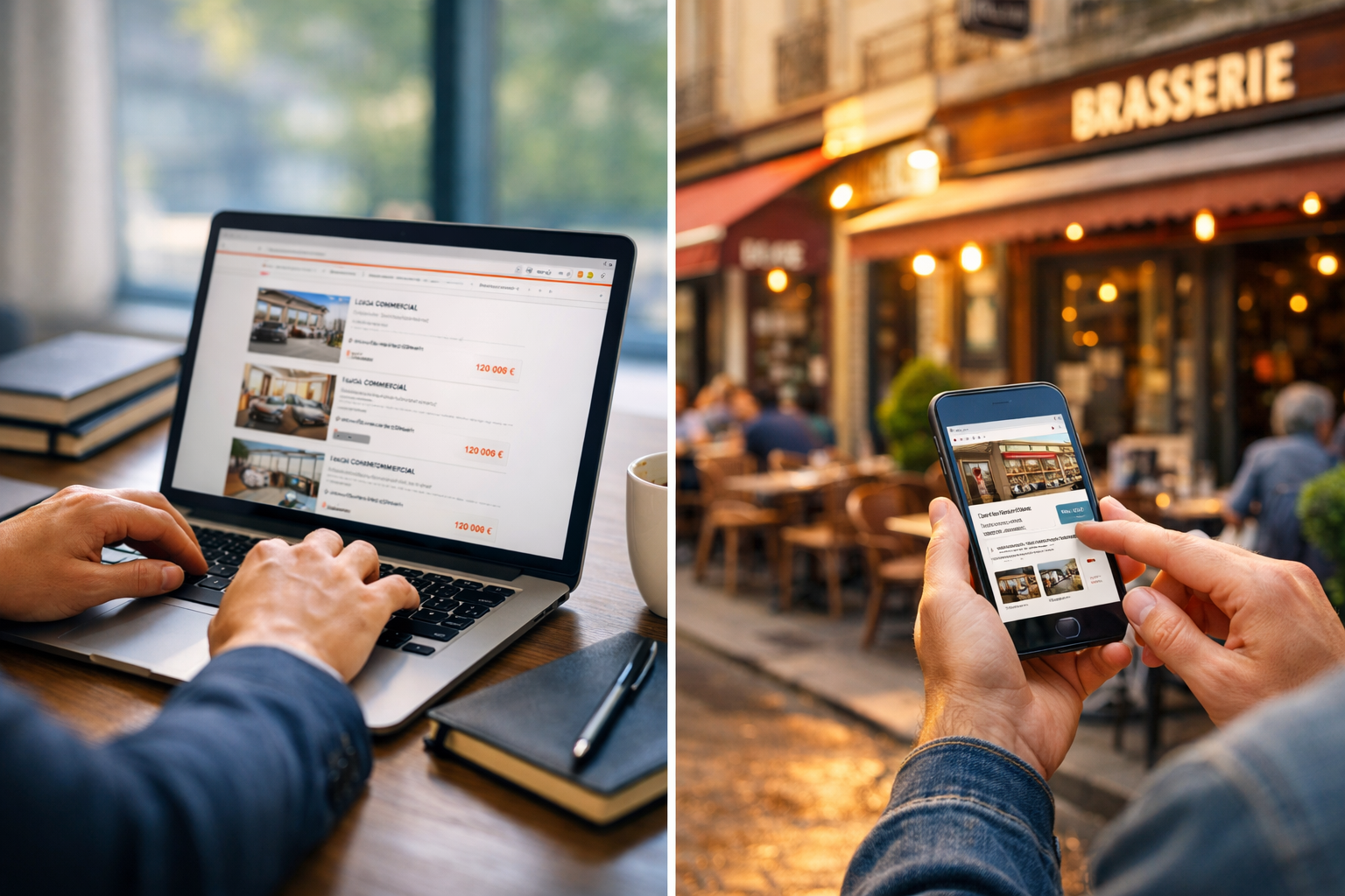 Recherche d'annonces de licence 4 entre particuliers sur ordinateur portable et smartphone pr&egrave;s d'une brasserie