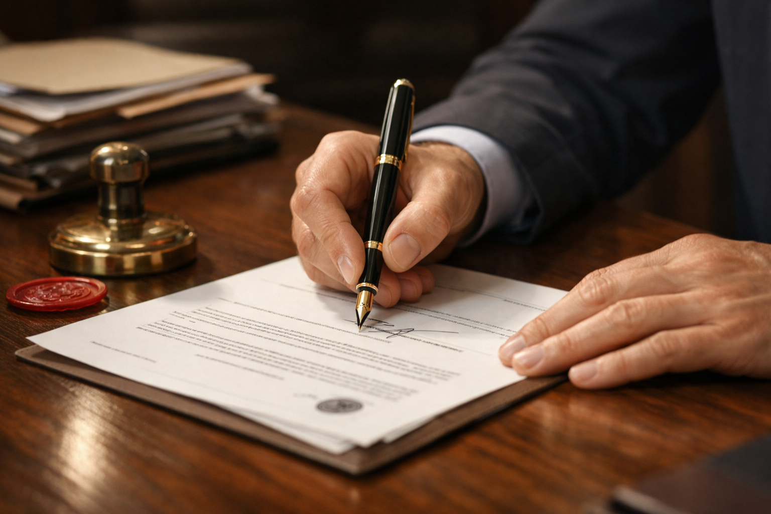 Signature d'un acte de cession de licence 4 sur un bureau de notaire, tampon officiel et stylo