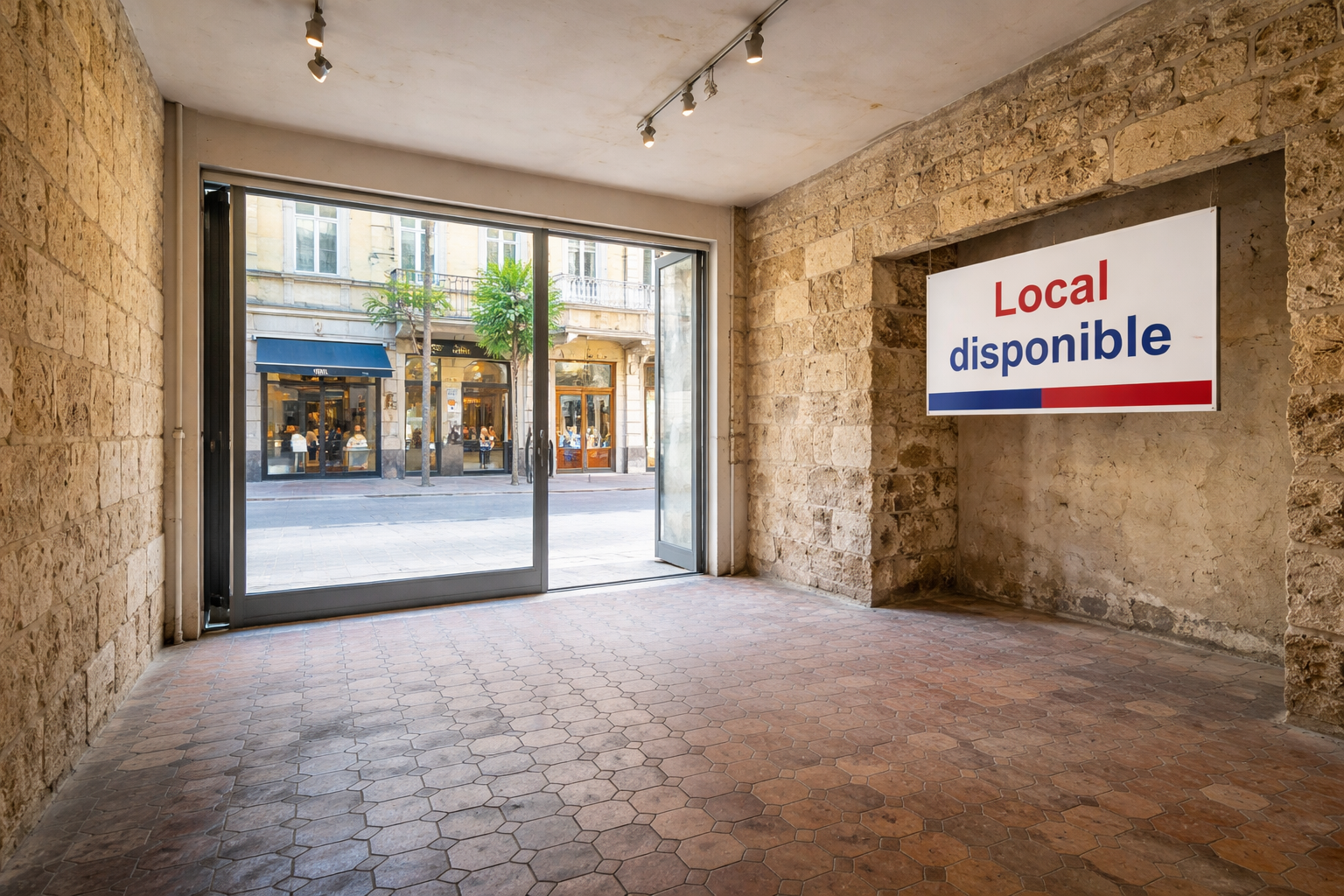 Local commercial vide avec panneau Local disponible, vitrine donnant sur rue pi&eacute;tonne, pr&ecirc;t pour un d&eacute;bit de boissons