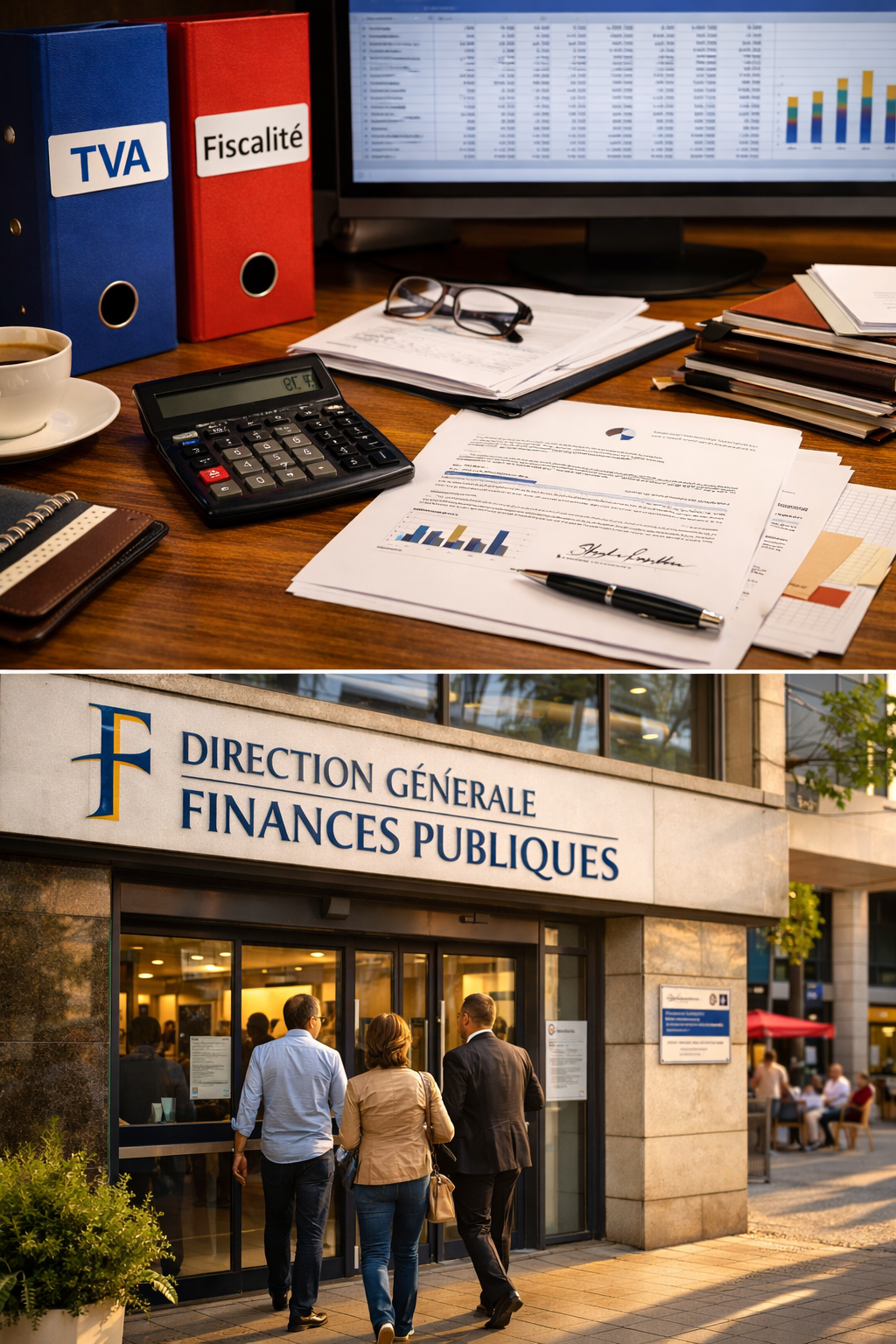 Classeurs TVA et fiscalit&eacute; avec calculatrice et b&acirc;timent de la Direction G&eacute;n&eacute;rale des Finances Publiques pour l'achat de licence 4