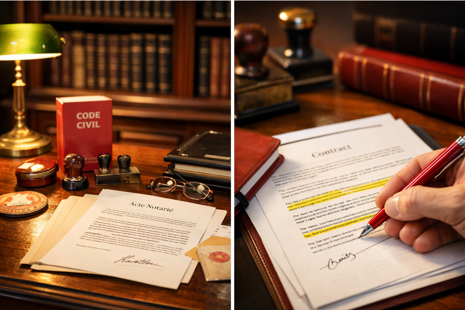 Acte notari&eacute; de cession de licence 4 sur un bureau de notaire avec Code Civil et v&eacute;rification des clauses du contrat