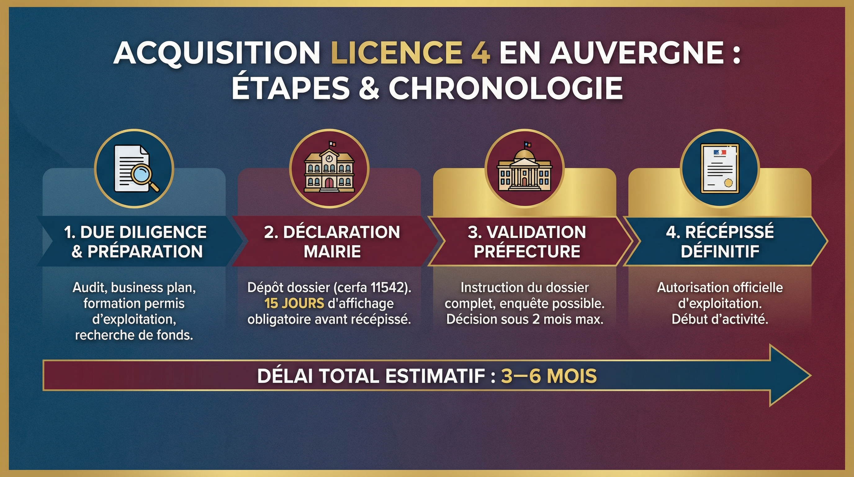 Infographie : étapes et délais des démarches d'acquisition de licence 4 en Auvergne (3 à 6 mois)