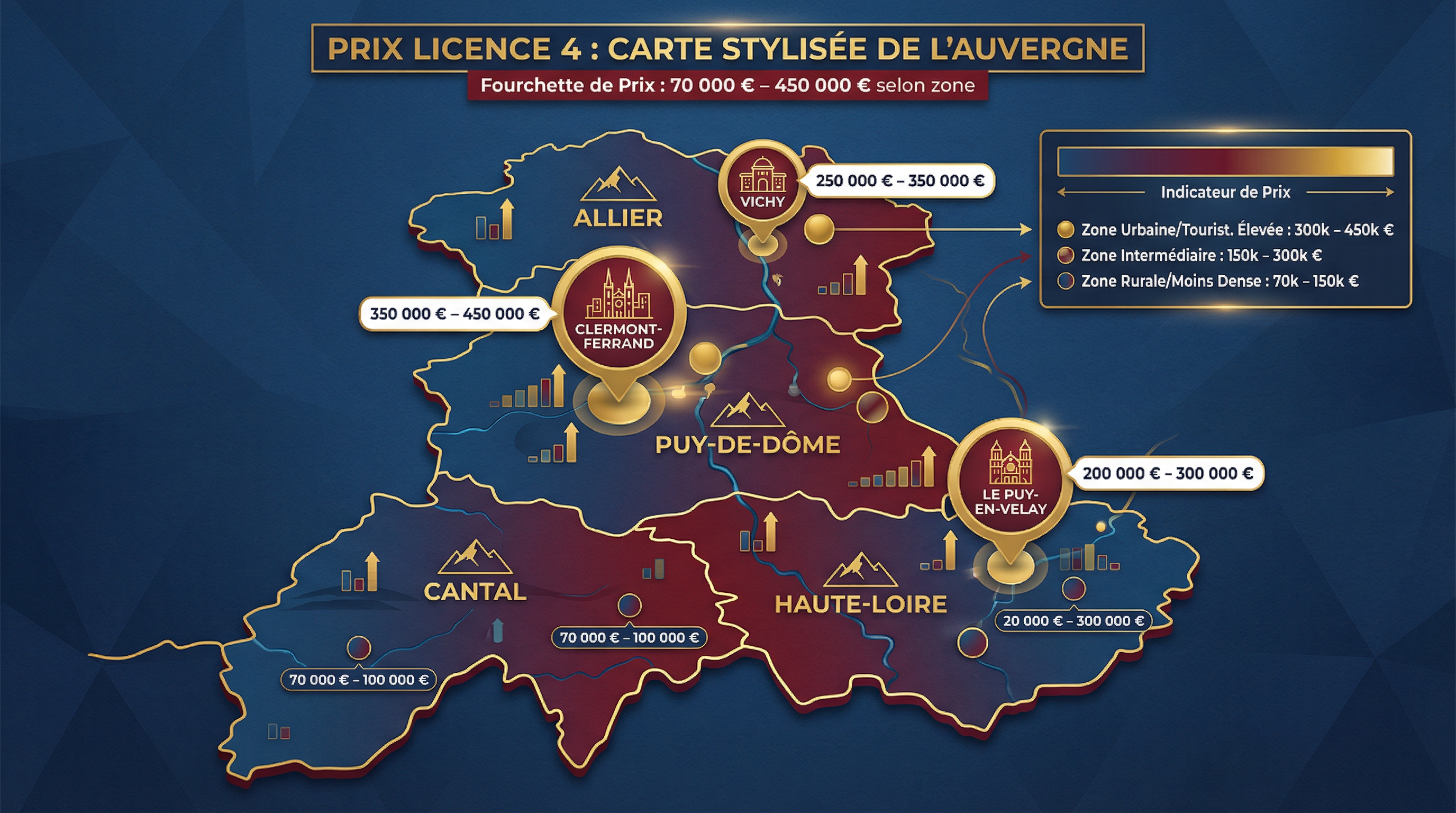 Infographie : prix des licences 4 en Auvergne par zone (70 000 à 450 000 €) et départements