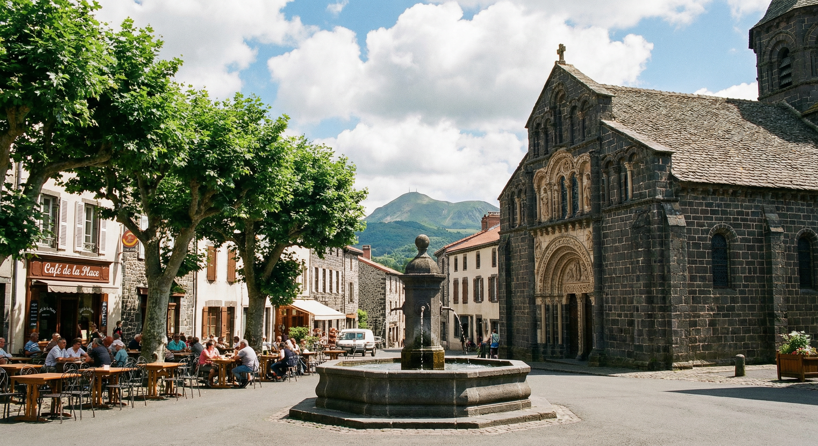 Place d'un village auvergnat avec café de village et terrasse, église romane en pierre volcanique, montagnes du Puy-de-Dôme