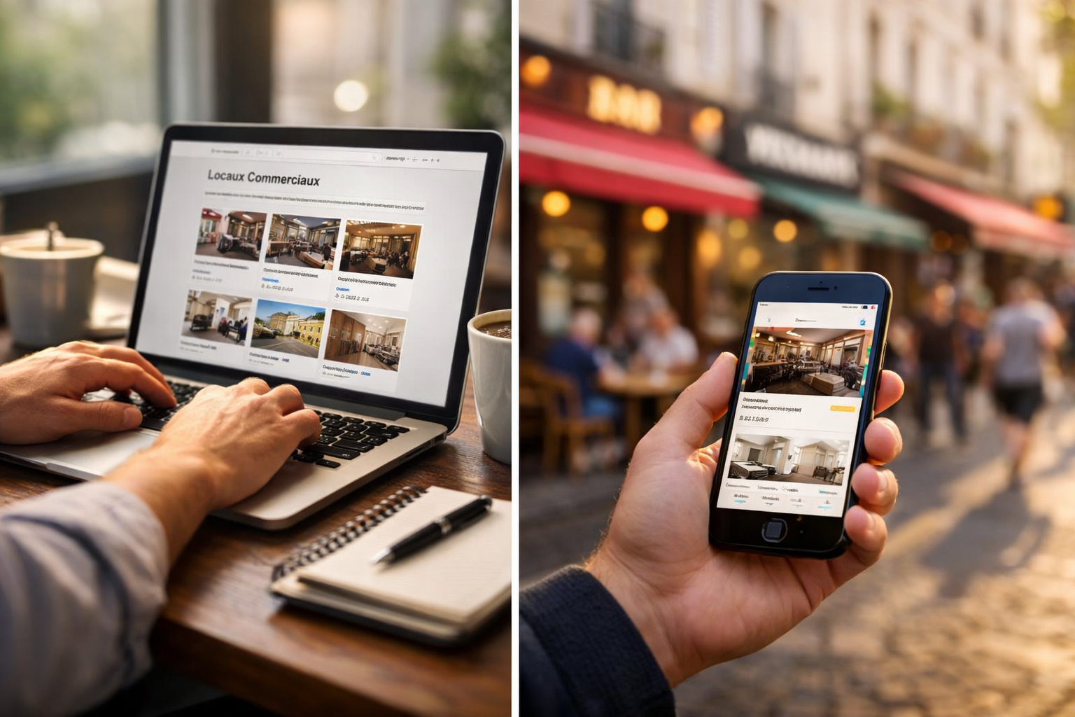 Recherche de licence 4 sur Le Bon Coin : &eacute;cran d'ordinateur affichant des annonces de locaux commerciaux et smartphone avec listings de bars &agrave; vendre