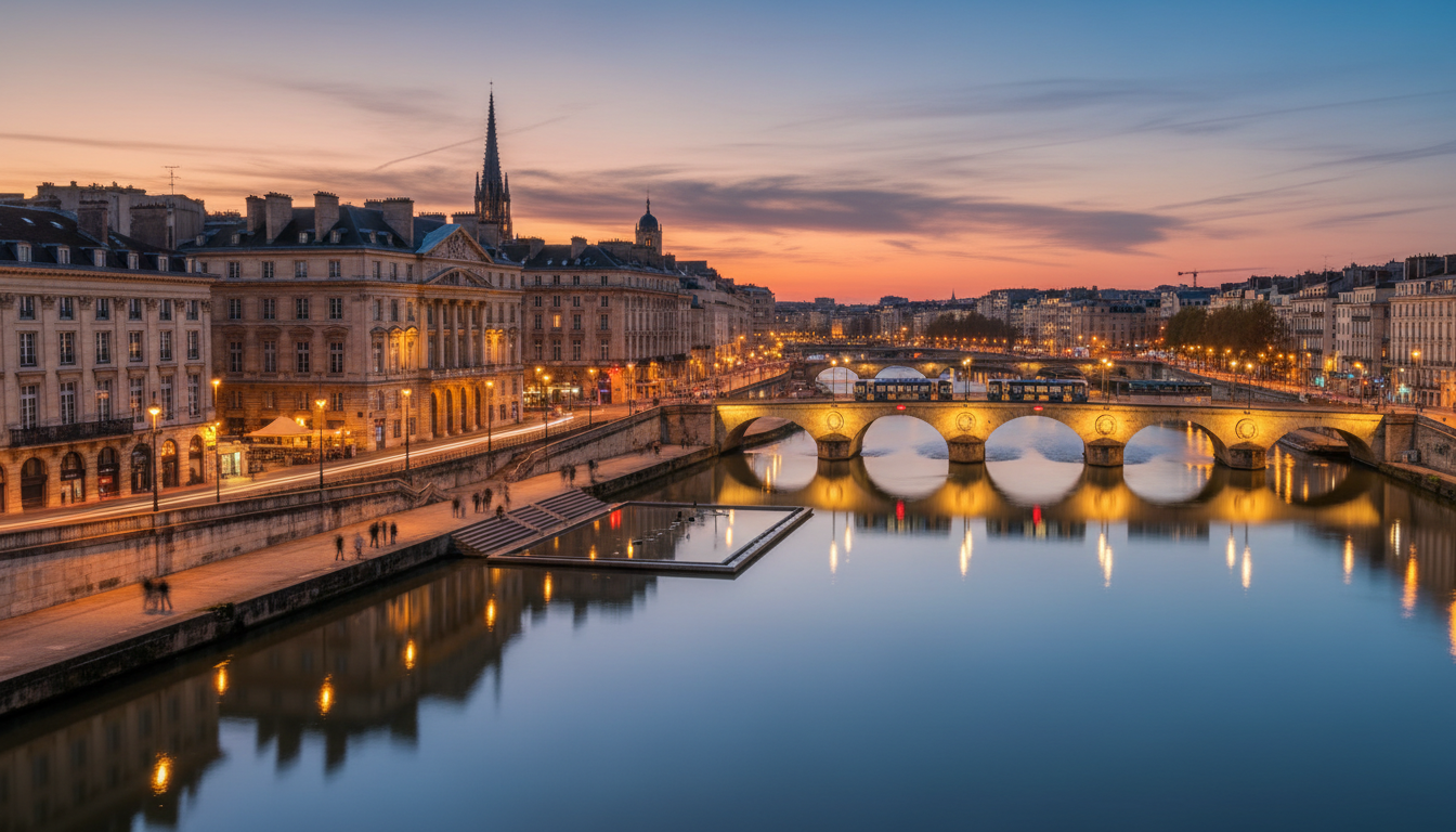 Pont de Pierre et quais de Bordeaux au coucher du soleil, reflets sur la Garonne