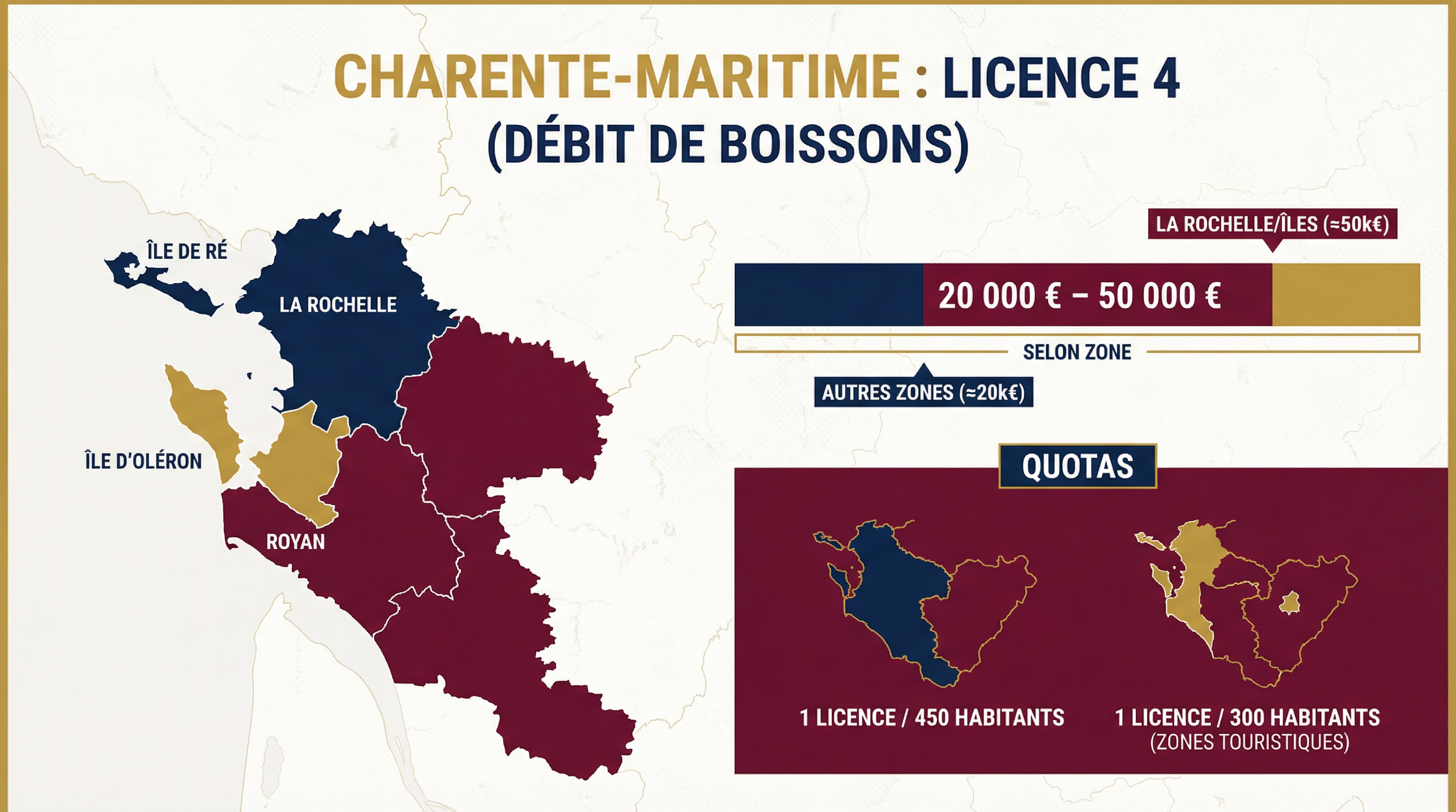 Infographie : prix des licences 4 en Charente-Maritime (20 000 à 50 000 €) et zones La Rochelle, Royan, îles