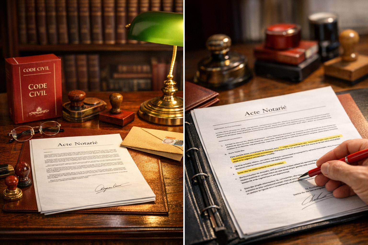 Acte notari&eacute; de cession de licence 4 sur un bureau de notaire avec Code Civil et annotation d'un contrat