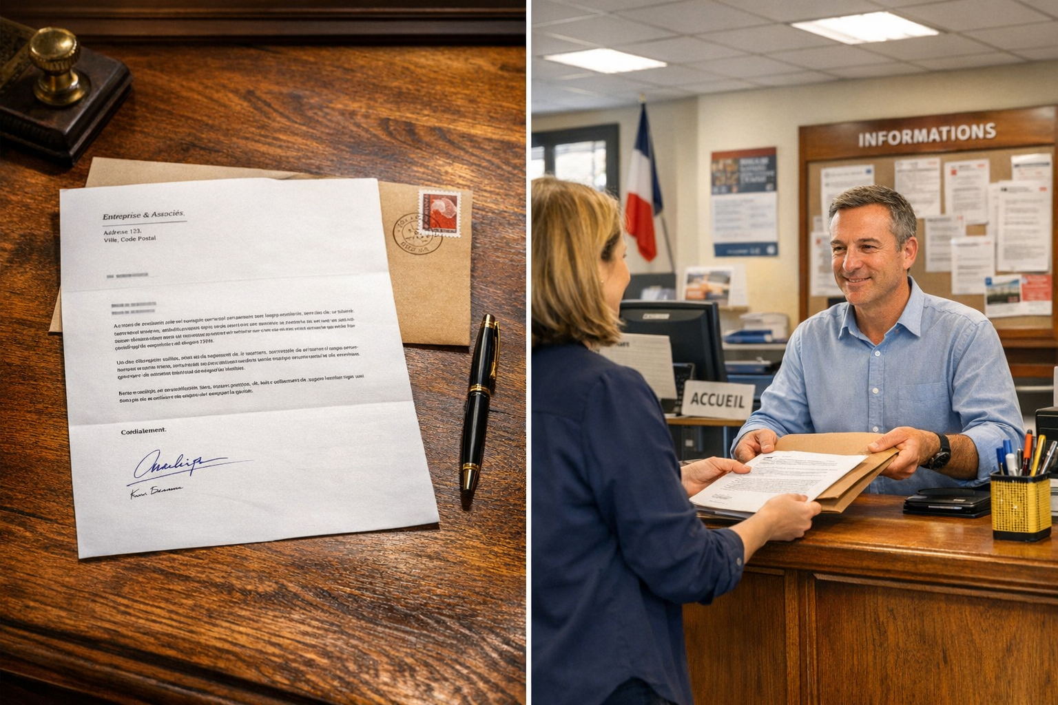 Courrier officiel de demande d'achat de licence 4 sur un bureau et d&eacute;p&ocirc;t de documents &agrave; l'accueil d'une mairie