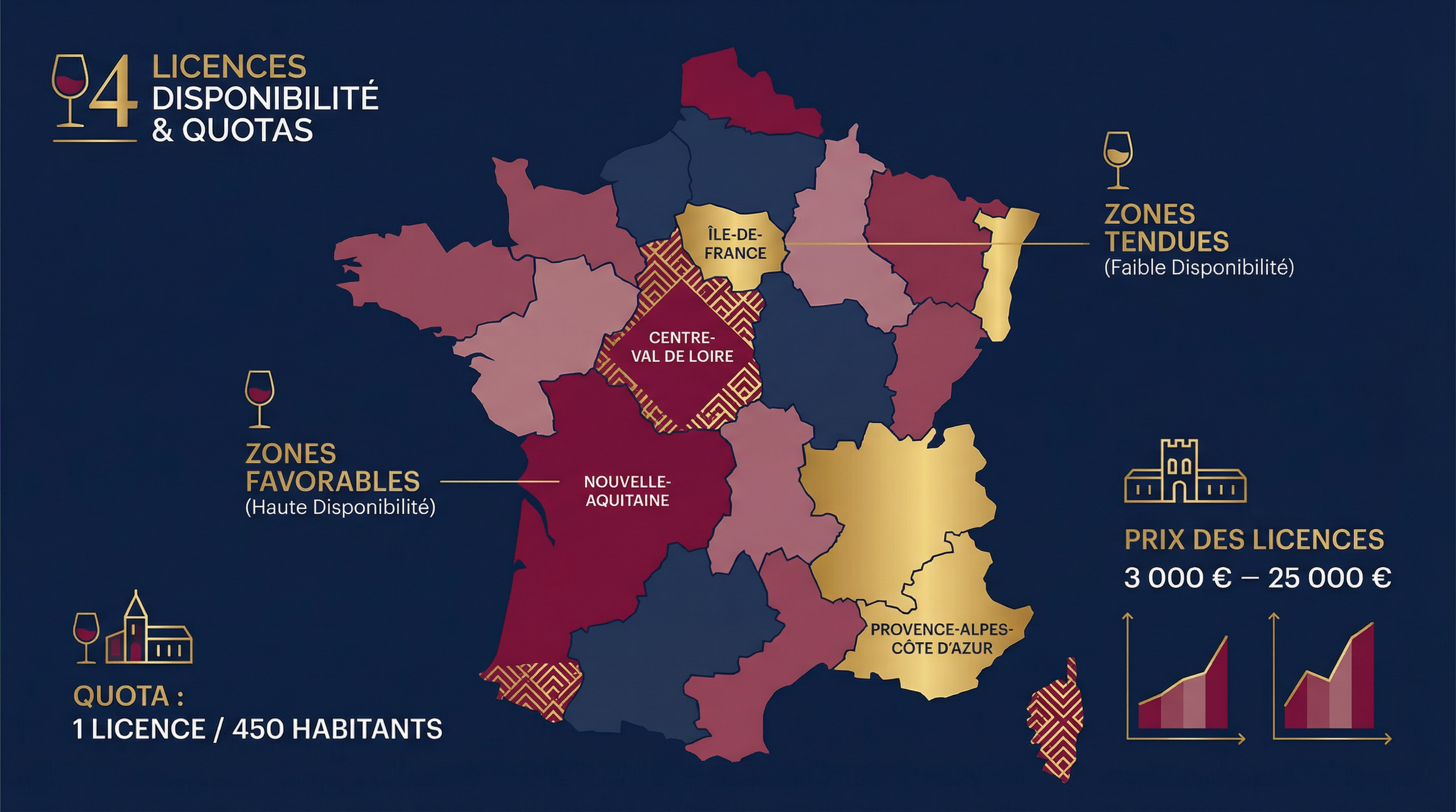 Carte de France : disponibilité des licences 4 par région, zones favorables vs zones tendues, quotas 1 licence / 450 habitants