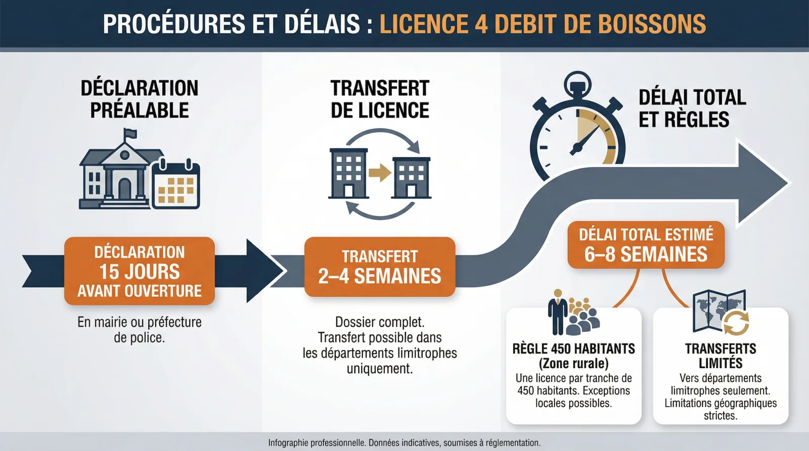 Infographie : délais d'un transfert de licence 4 (déclaration en mairie 15 jours, transfert dans le département, total environ 2 mois)