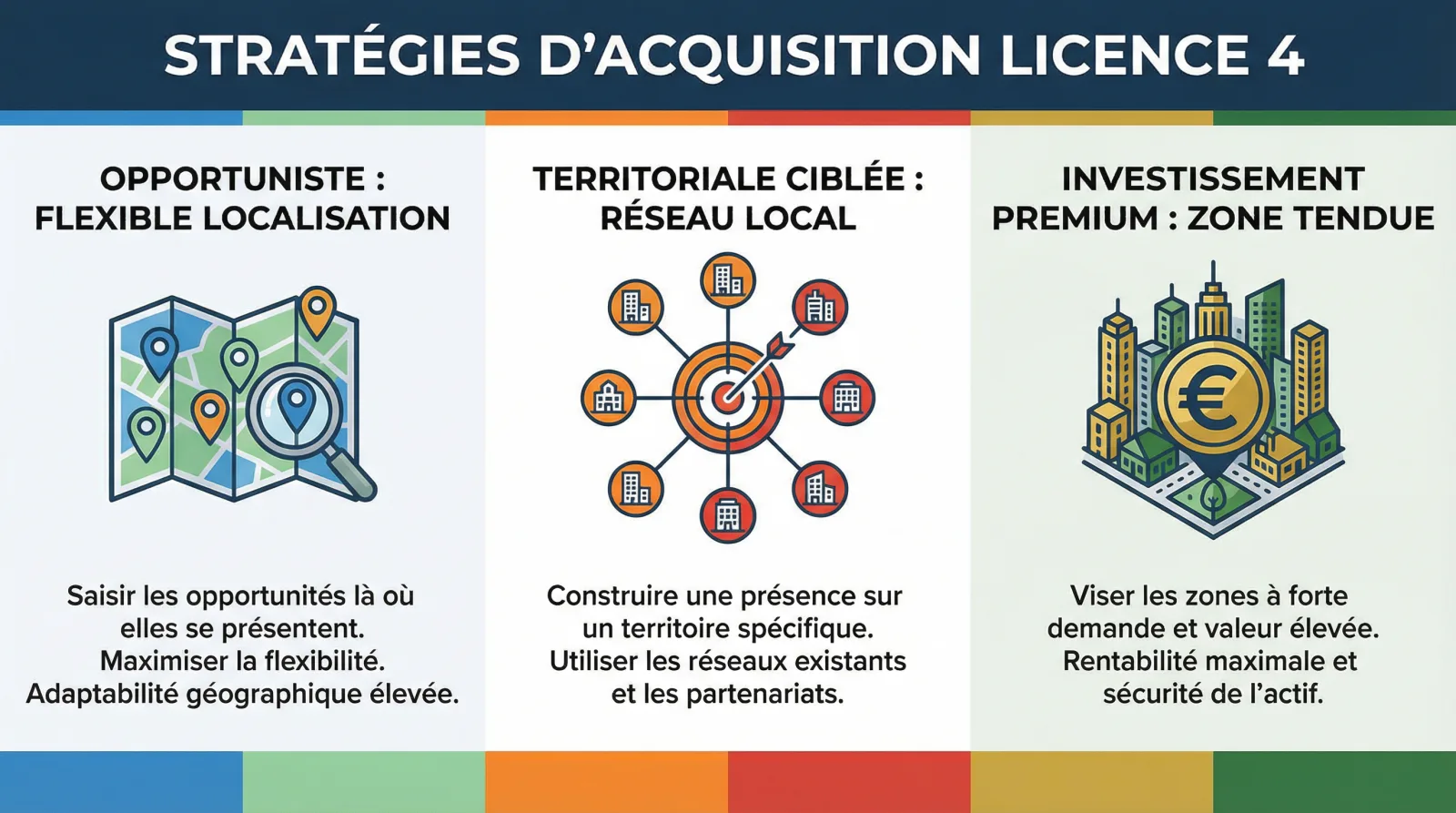 Infographie : raisonnement par département pour l'acquisition d'une licence 4 (recherche, transfert dans le département, communes limitrophes)