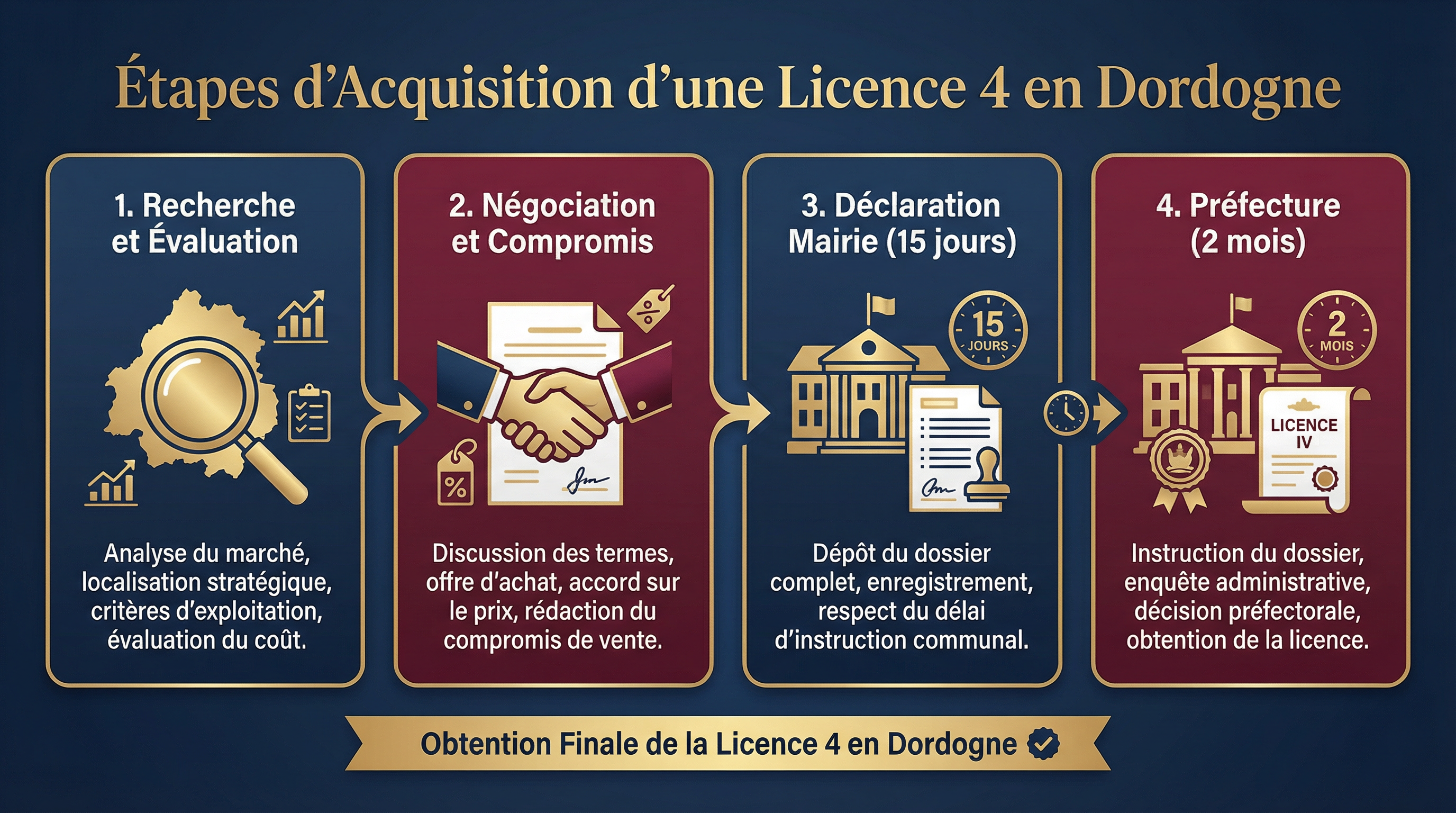 Infographie : étapes d'acquisition licence 4 en Dordogne (recherche, négociation, mairie 15 jours, préfecture 2 mois)