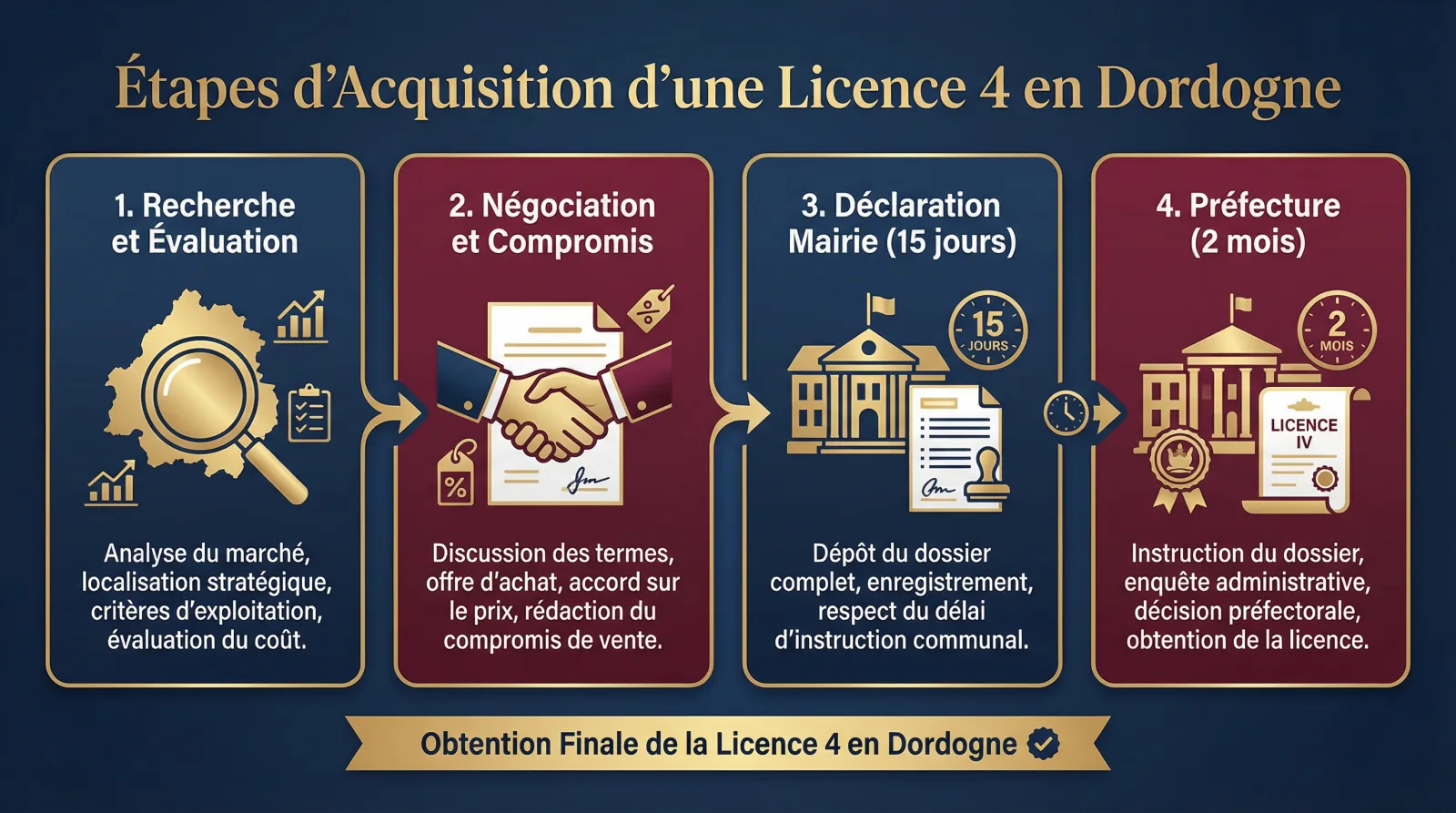 Infographie : étapes d'acquisition licence 4 en Dordogne (recherche, compromis, mairie 15 jours, préfecture 2 mois)