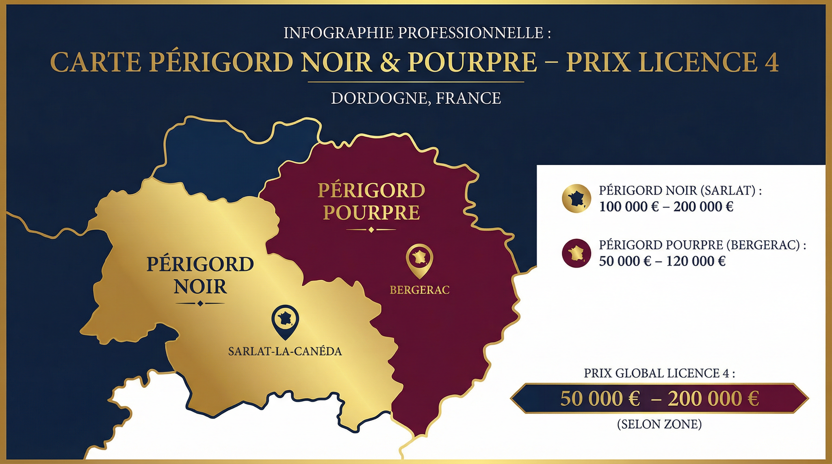 Infographie : prix des licences 4 en Dordogne par zone (50 000 à 200 000 €) et Périgord Noir / Pourpre