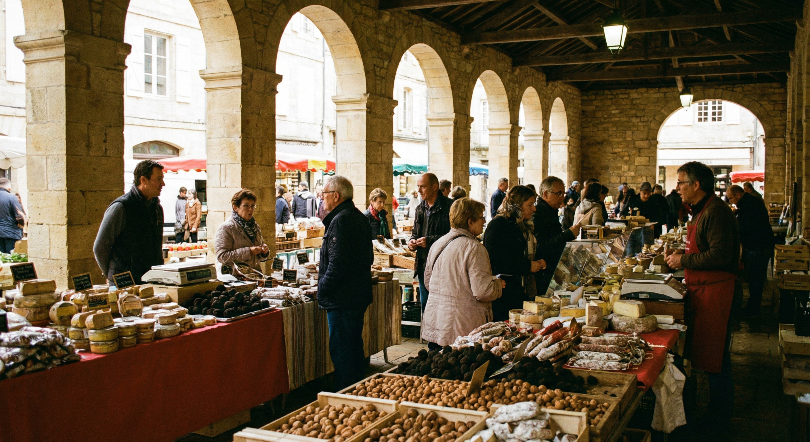 Marché couvert de Sarlat avec étals du terroir périgourdin, halles en pierre blonde