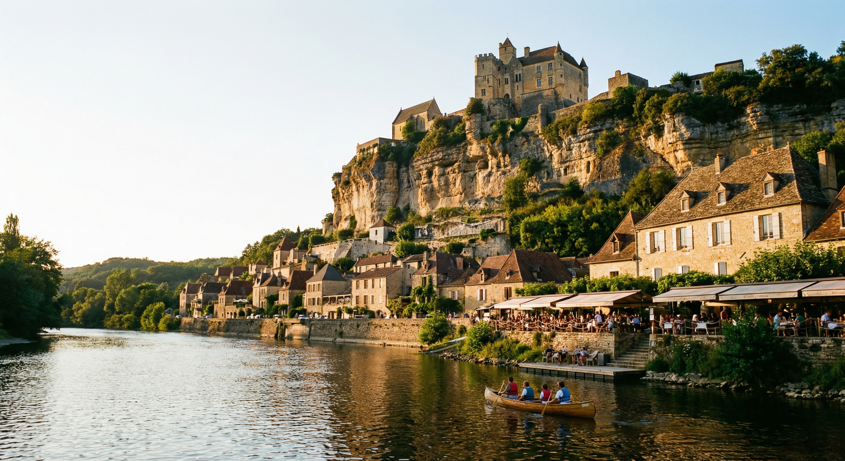 Village médiéval du Périgord vu depuis la Dordogne, château perché, terrasses de restaurants le long de la rivière