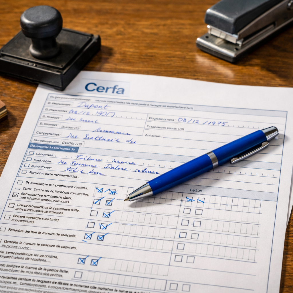 Formulaire Cerfa 11542*05 de d&eacute;claration de mutation de licence 4 en cours de remplissage avec stylo bleu et tampons officiels