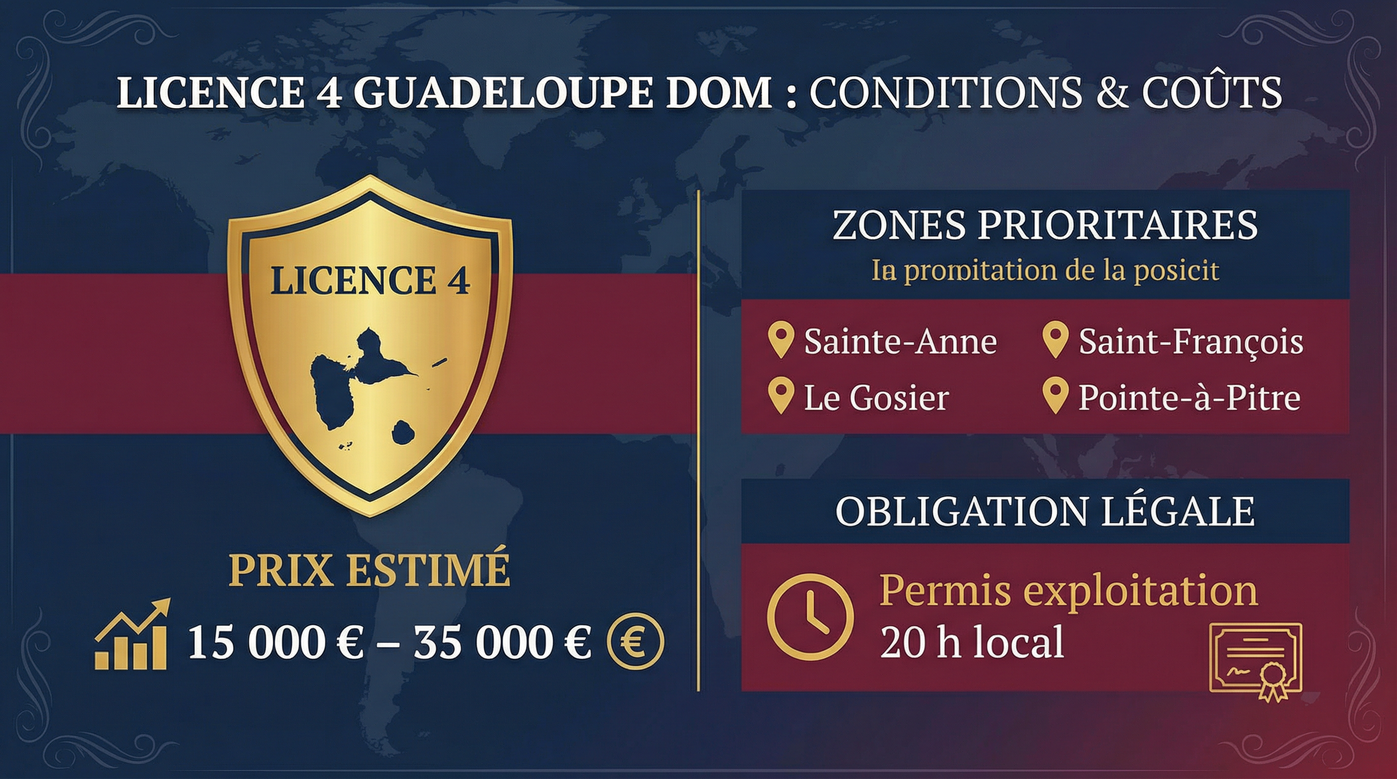 Infographie : prix des licences 4 en Guadeloupe par zone (15 000 à 35 000 €)