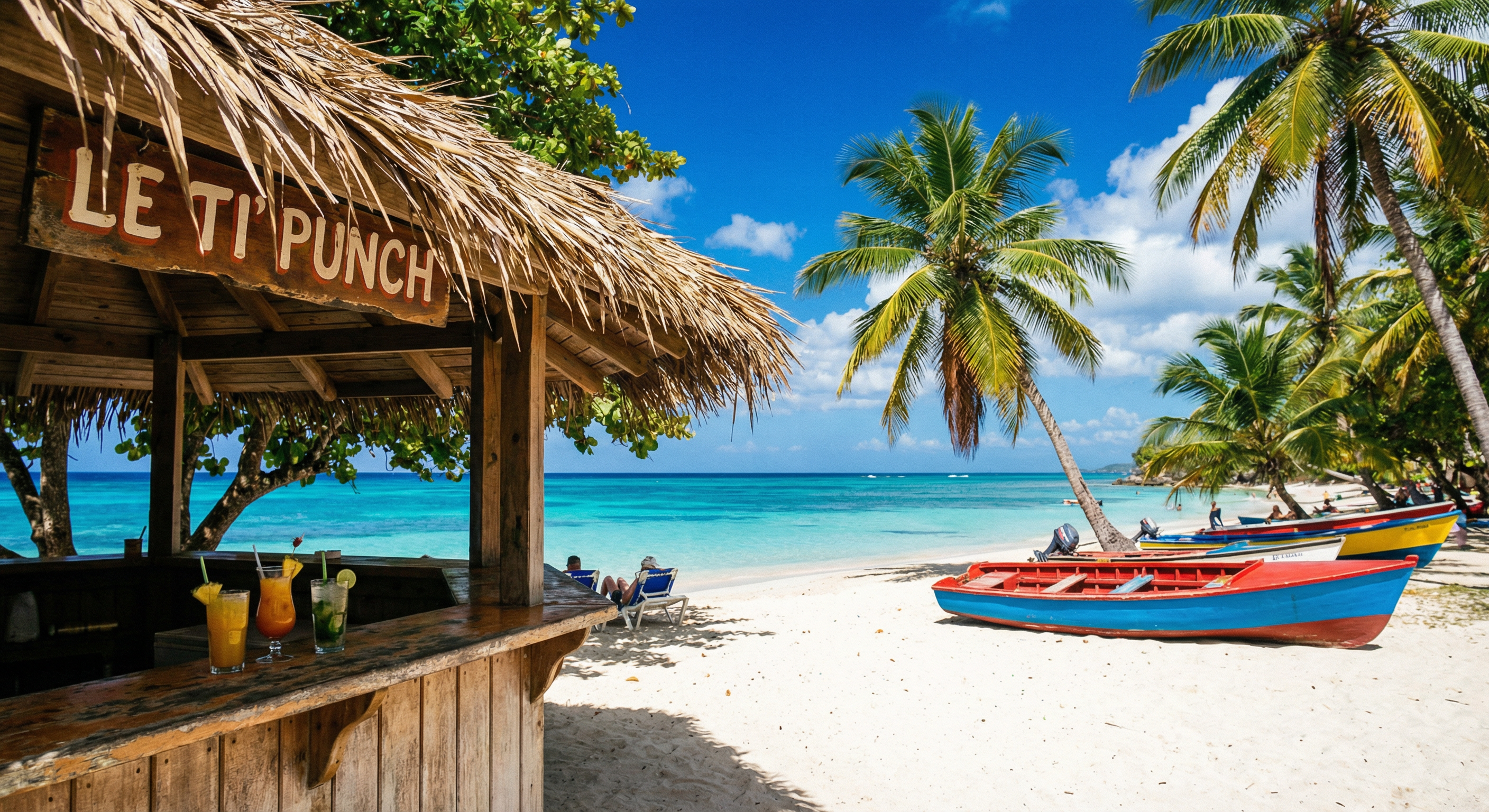 Plage de Guadeloupe avec bar de plage en bois et toit de palmes, cocktails tropicaux, eau turquoise, cocotiers
