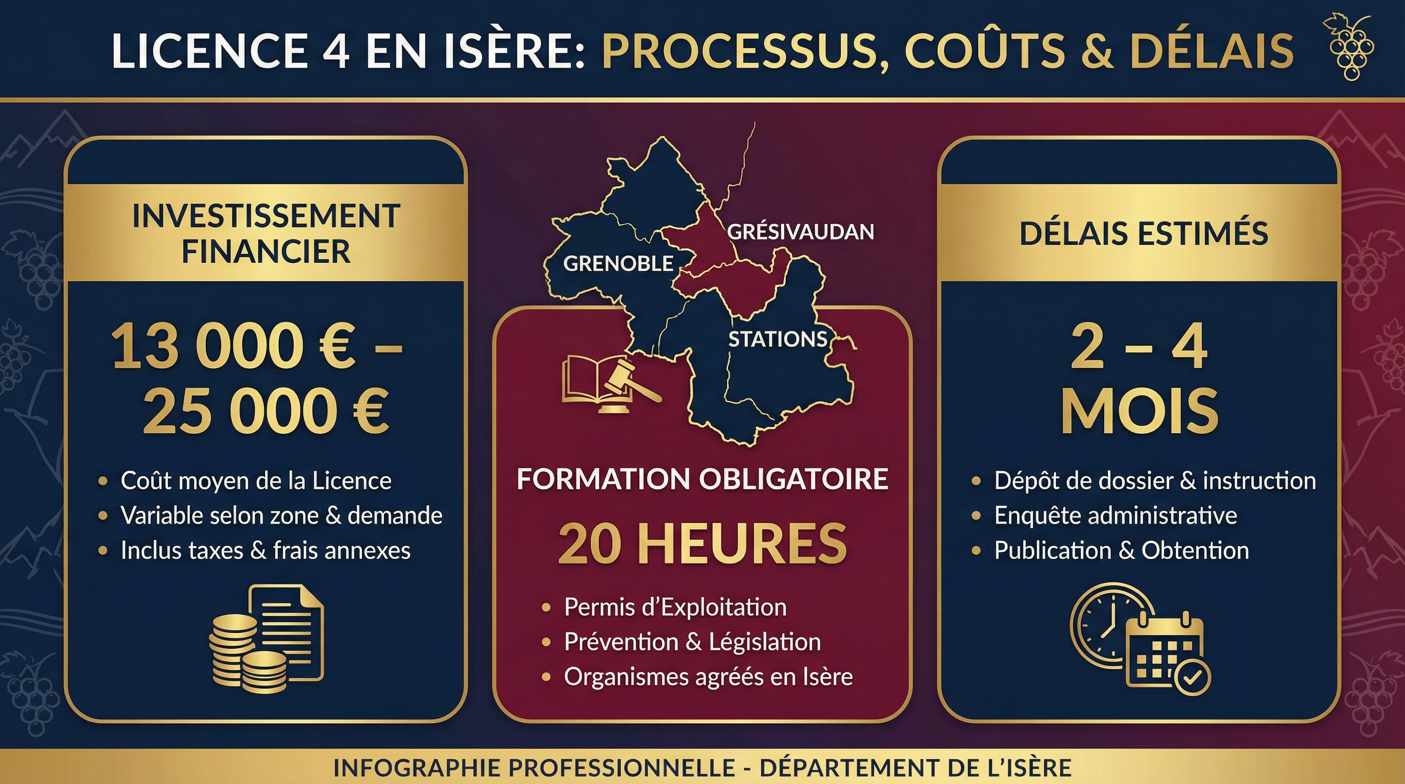 Infographie : prix et d&eacute;lais d'acquisition licence 4 en Is&egrave;re par zone