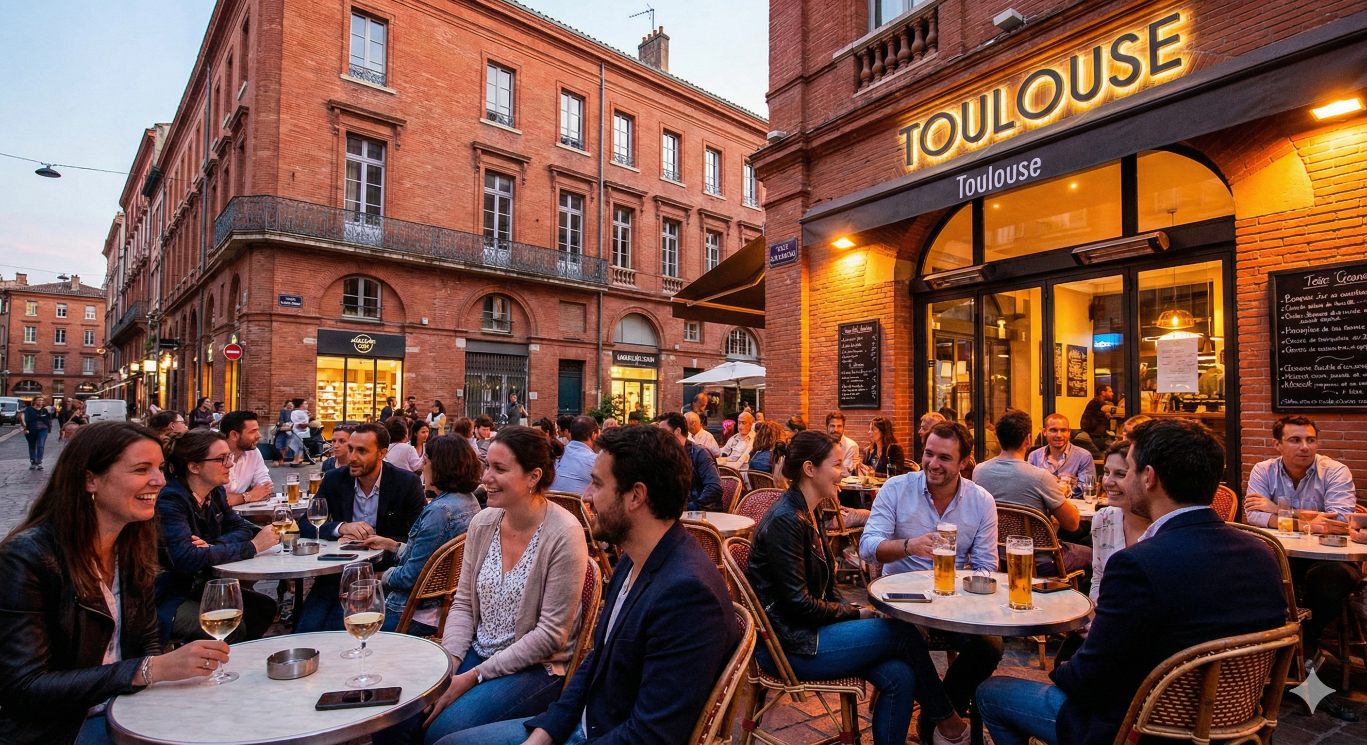 Terrasse animée d'un bar à Toulouse en soirée