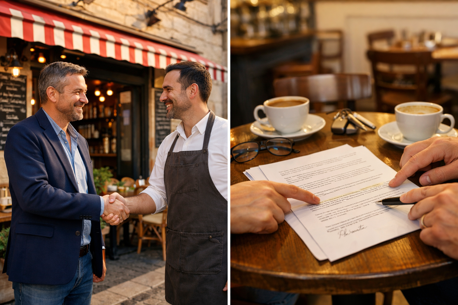 Poign&eacute;e de main devant un restaurant et signature d'un contrat de cession de licence 4 en liquidation