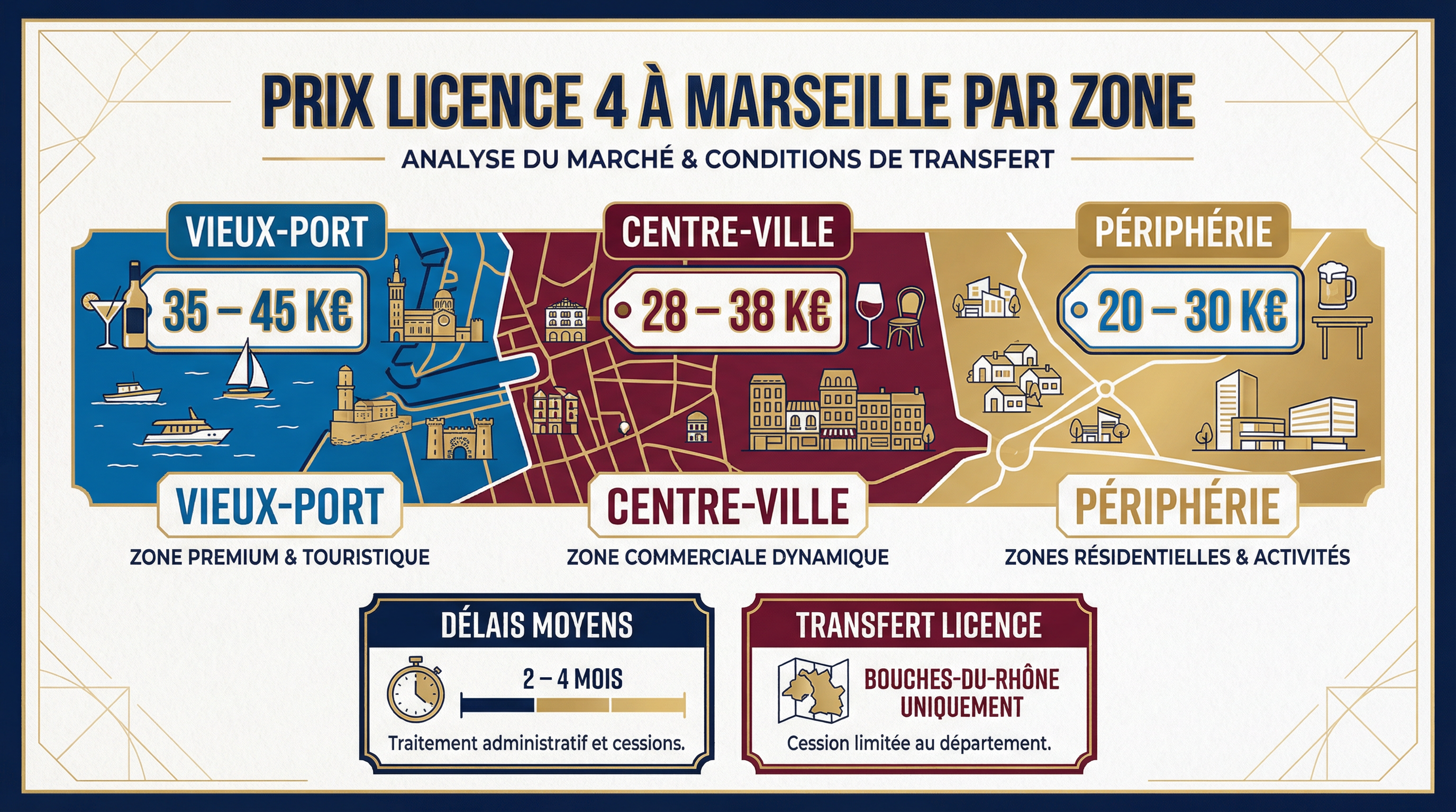 Infographie : prix des licences 4 à Marseille par zone (Vieux-Port, centre-ville, périphérie)