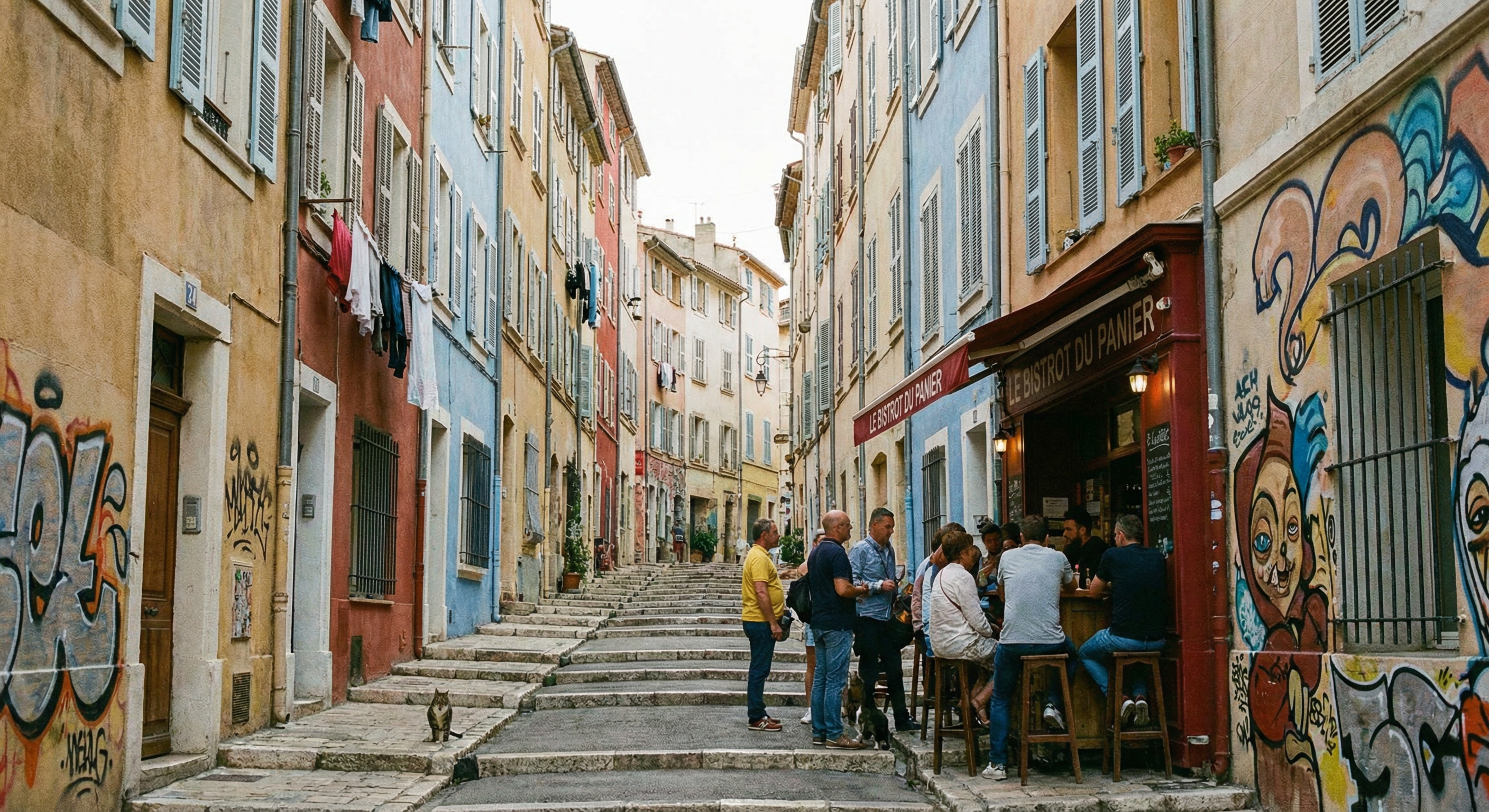Quartier du Panier à Marseille, façades colorées, bars de quartier, ambiance méditerranéenne