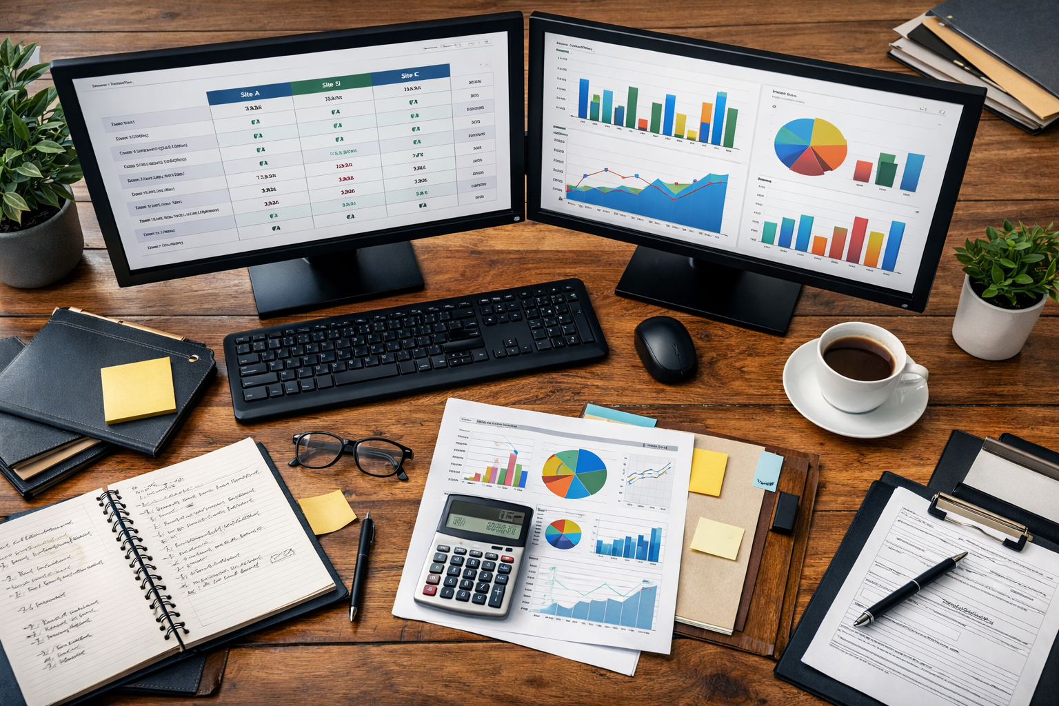 Bureau avec double &eacute;cran affichant des tableaux comparatifs de sites d'achat de licence 4, calculatrice et notes