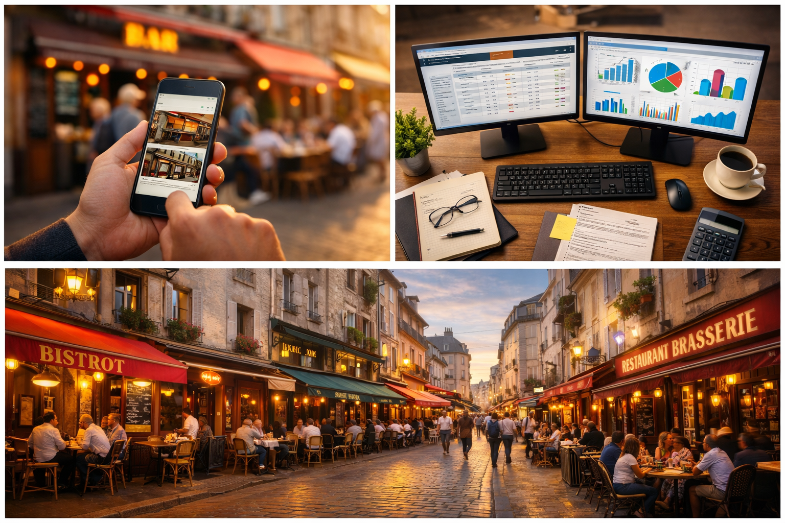 Montage de recherche de licence 4 en ligne : smartphone, &eacute;crans comparatifs et sc&egrave;ne de rue avec bistrot et brasserie