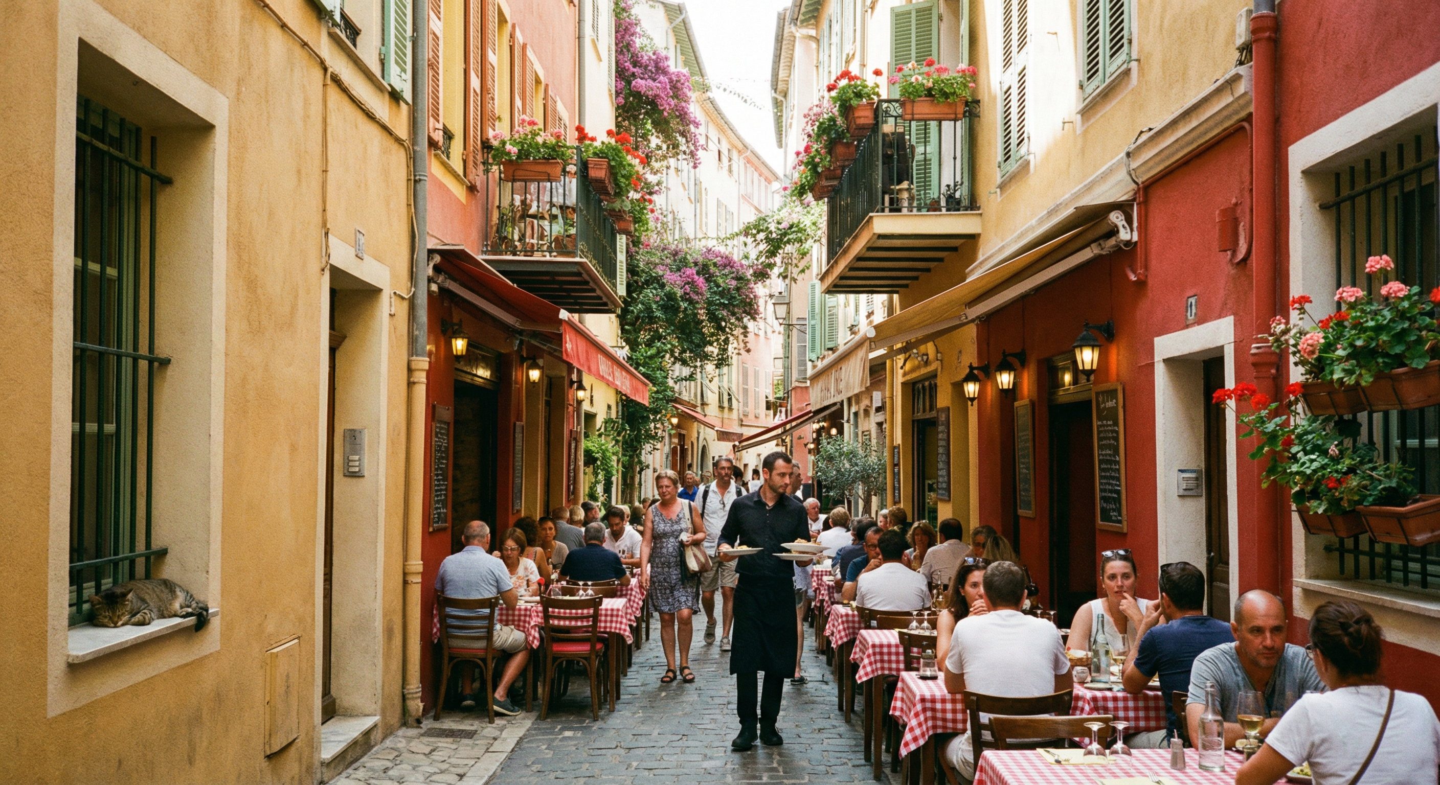 Ruelle du Vieux-Nice avec restaurants et bars aux façades colorées, terrasses, ambiance méditerranéenne