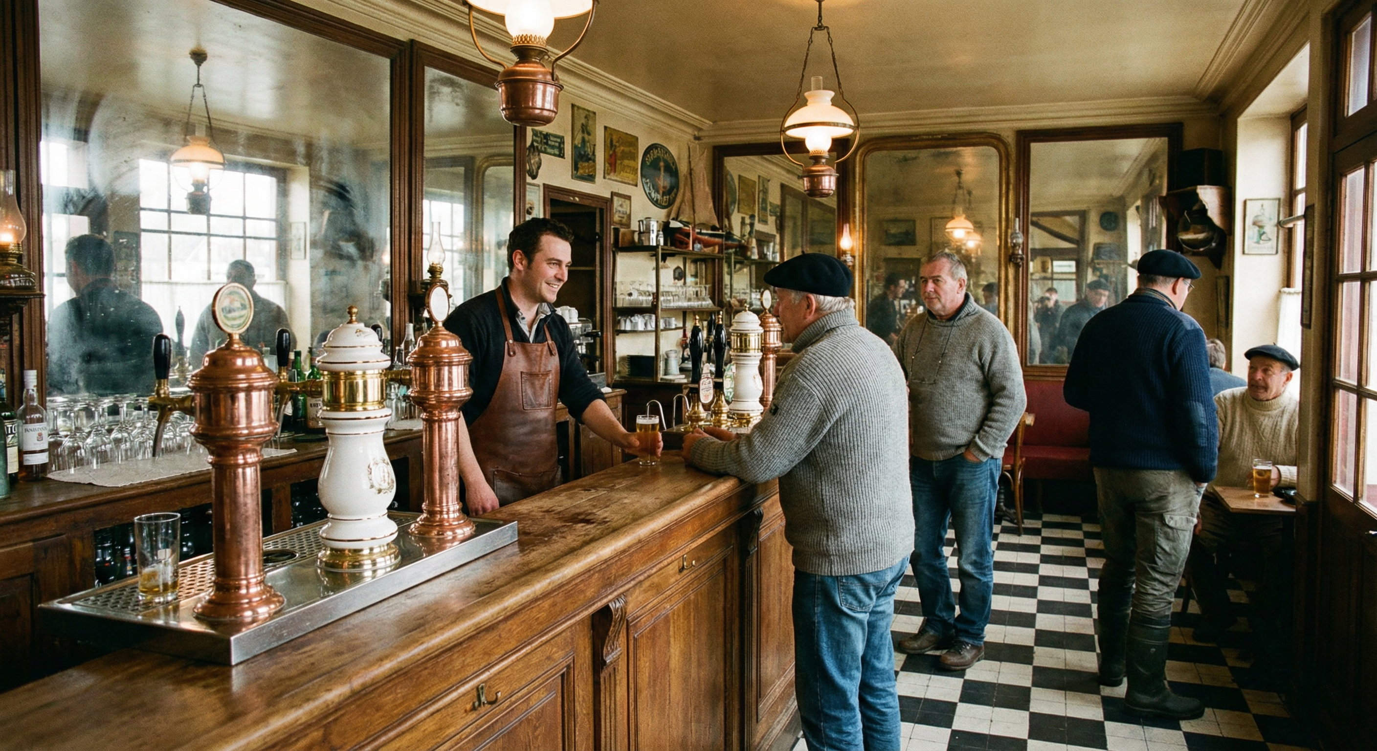 Intérieur de brasserie normande traditionnelle : comptoir en bois, cidre et bière, sol damier, ambiance bistrot de bord de mer
