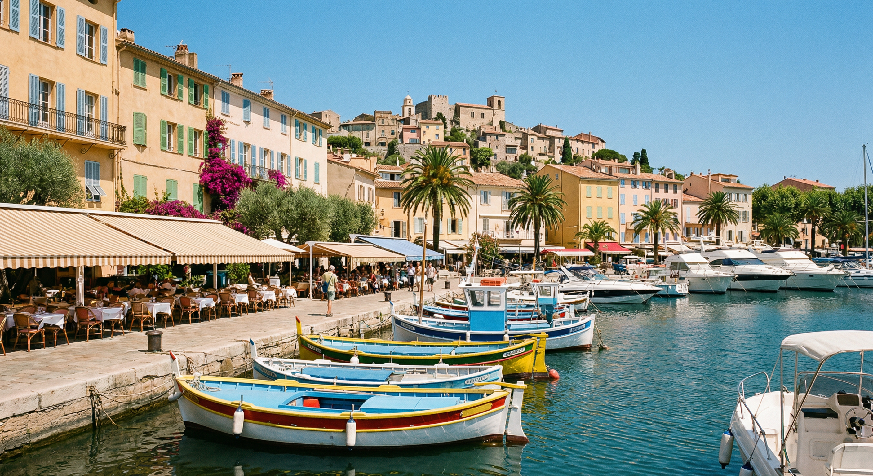 Port méditerranéen en PACA : terrasses de restaurants, bateaux amarrés, façades ocre et ciel bleu