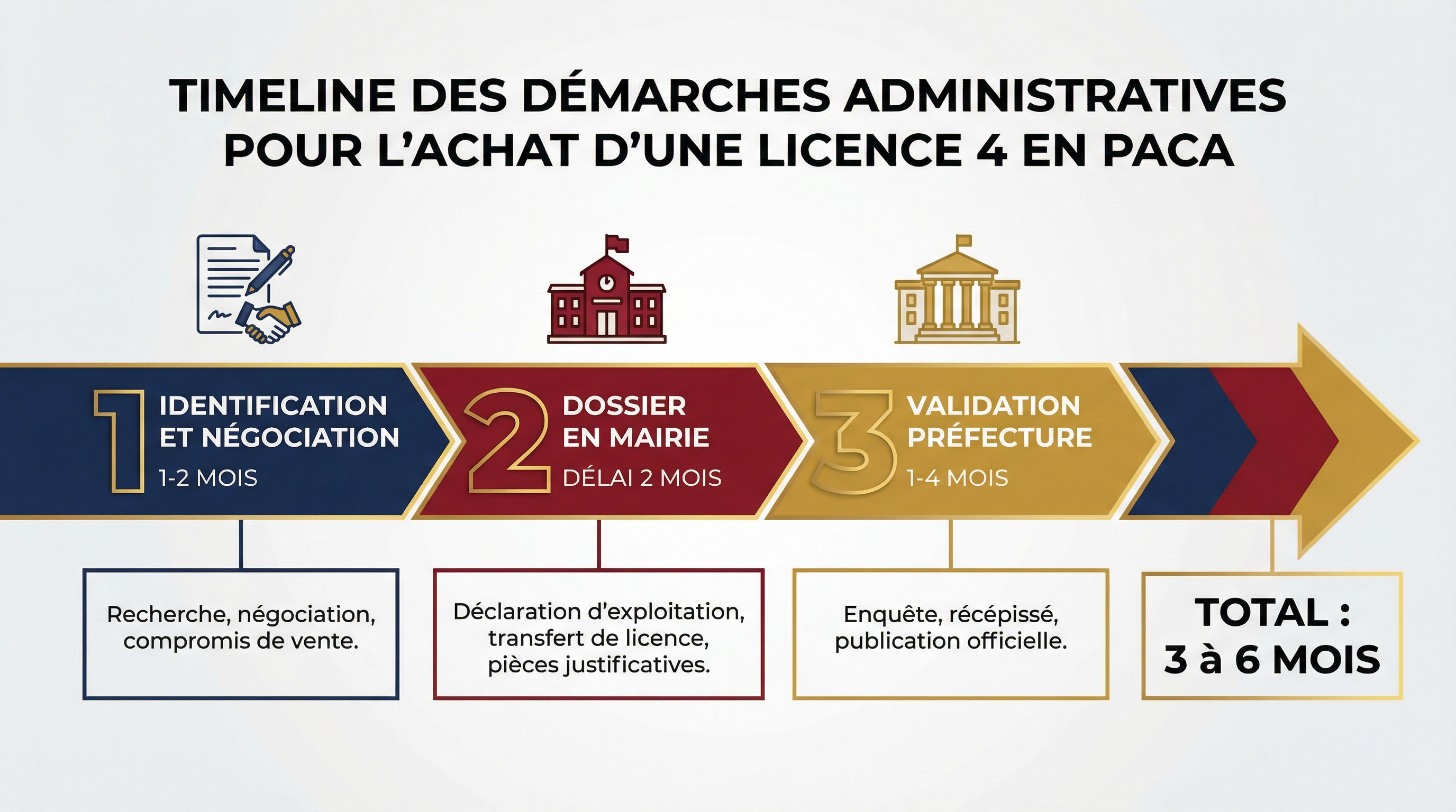 Infographie : étapes et délais des démarches (négociation, mairie 2 mois, préfecture 1 à 4 mois, total 3 à 6 mois)