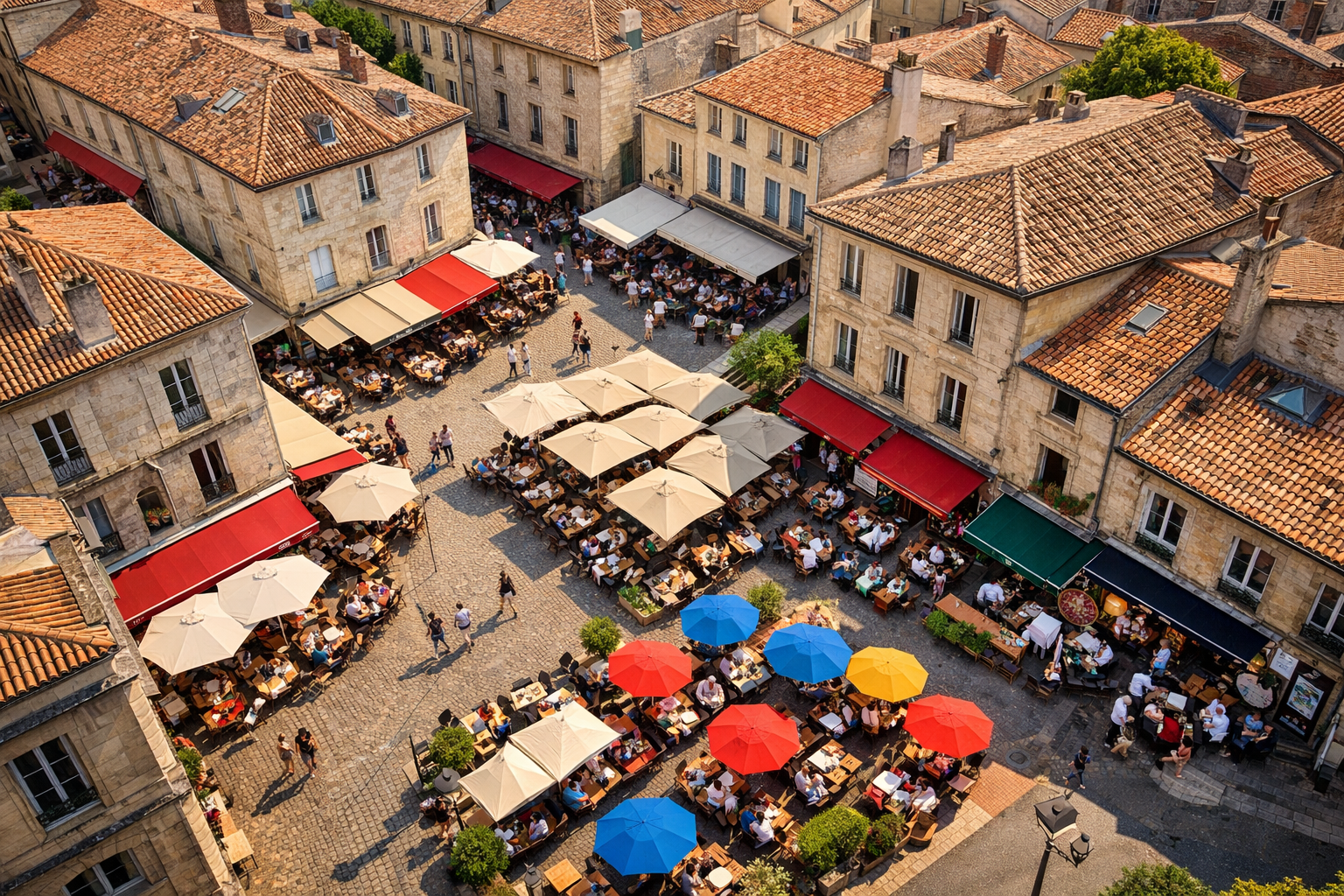 Place anim&eacute;e d'une ville fran&ccedil;aise avec terrasses de bars et restaurants sous des parasols color&eacute;s, vue a&eacute;rienne