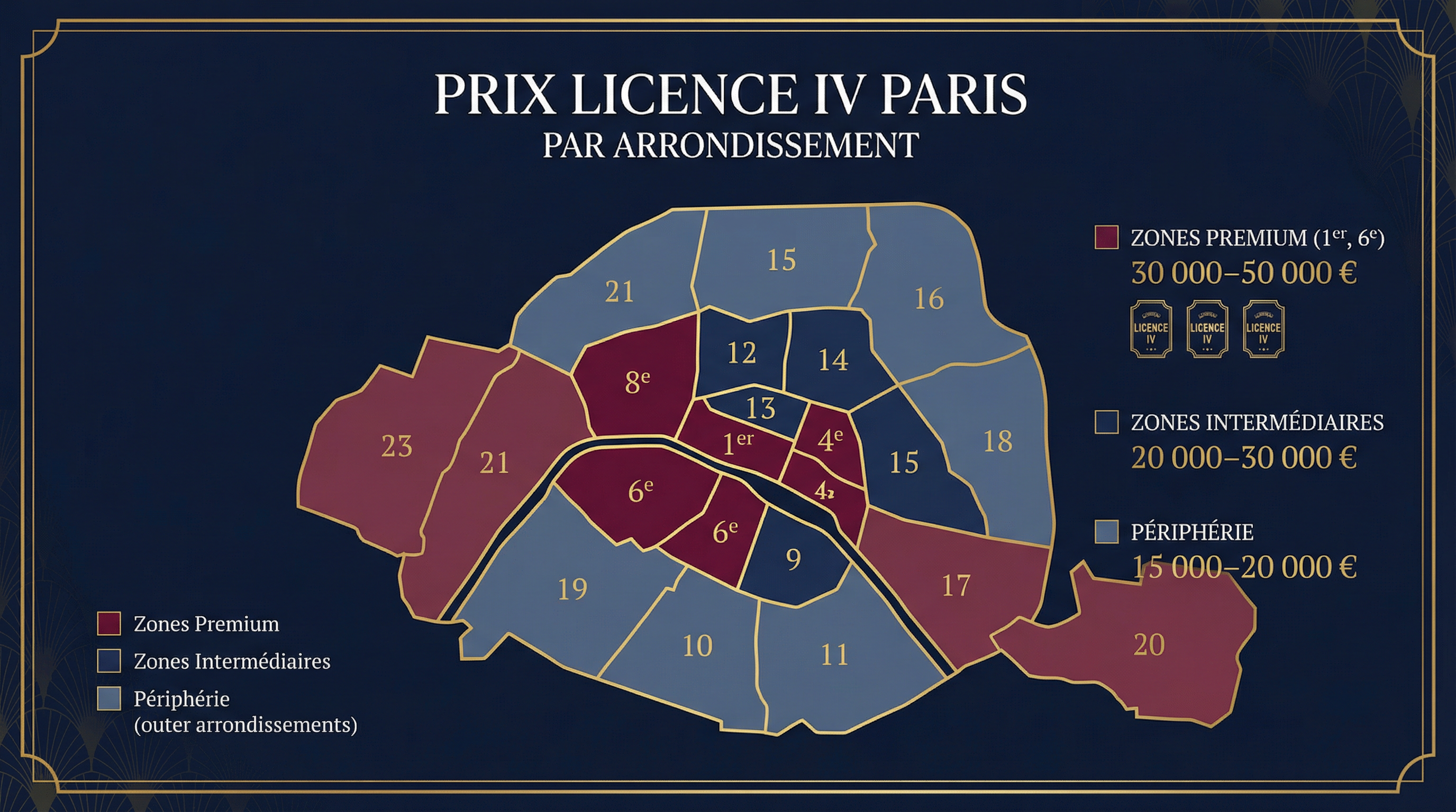 Infographie : prix des licences 4 à Paris par arrondissement, zones premium à périphérie