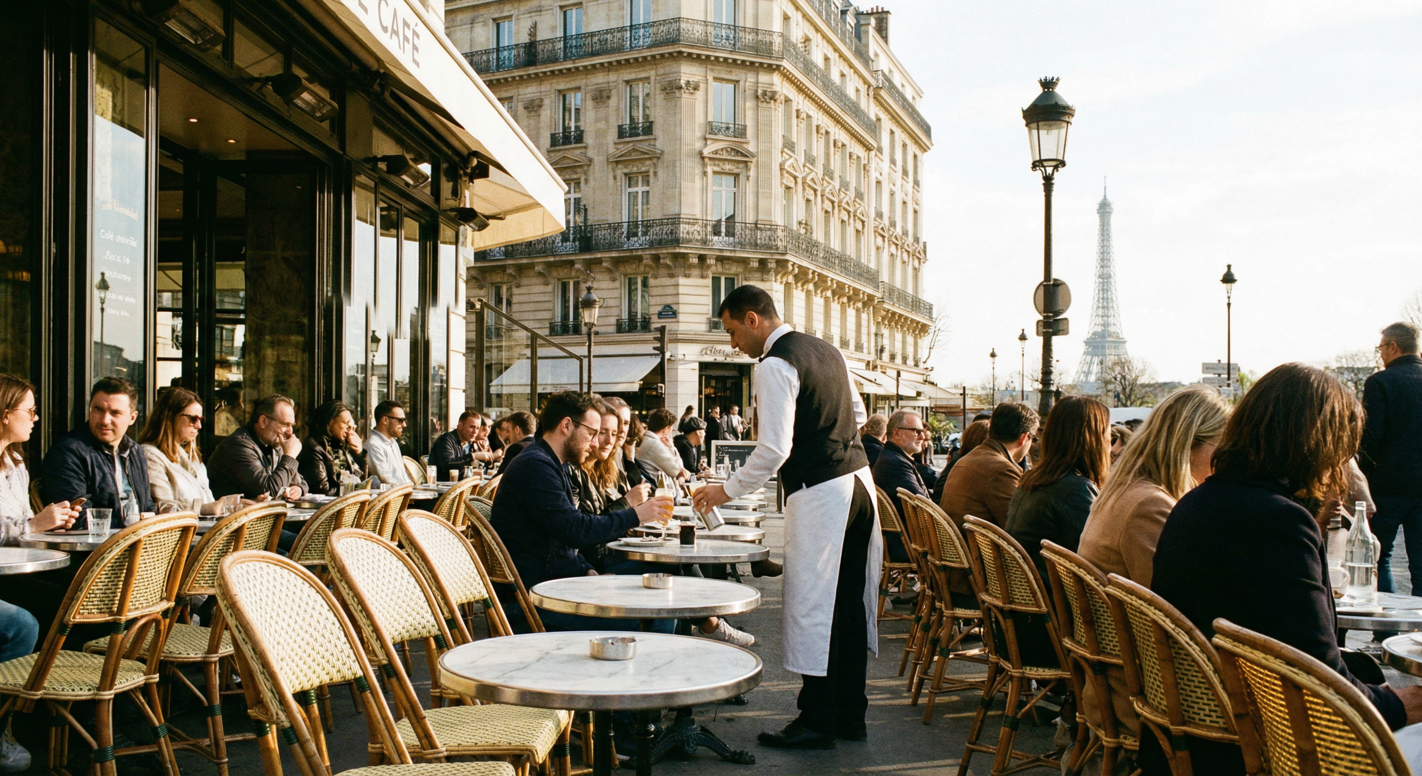 Terrasse de café parisien typique, chaises en rotin, façade haussmannienne, lumière dorée