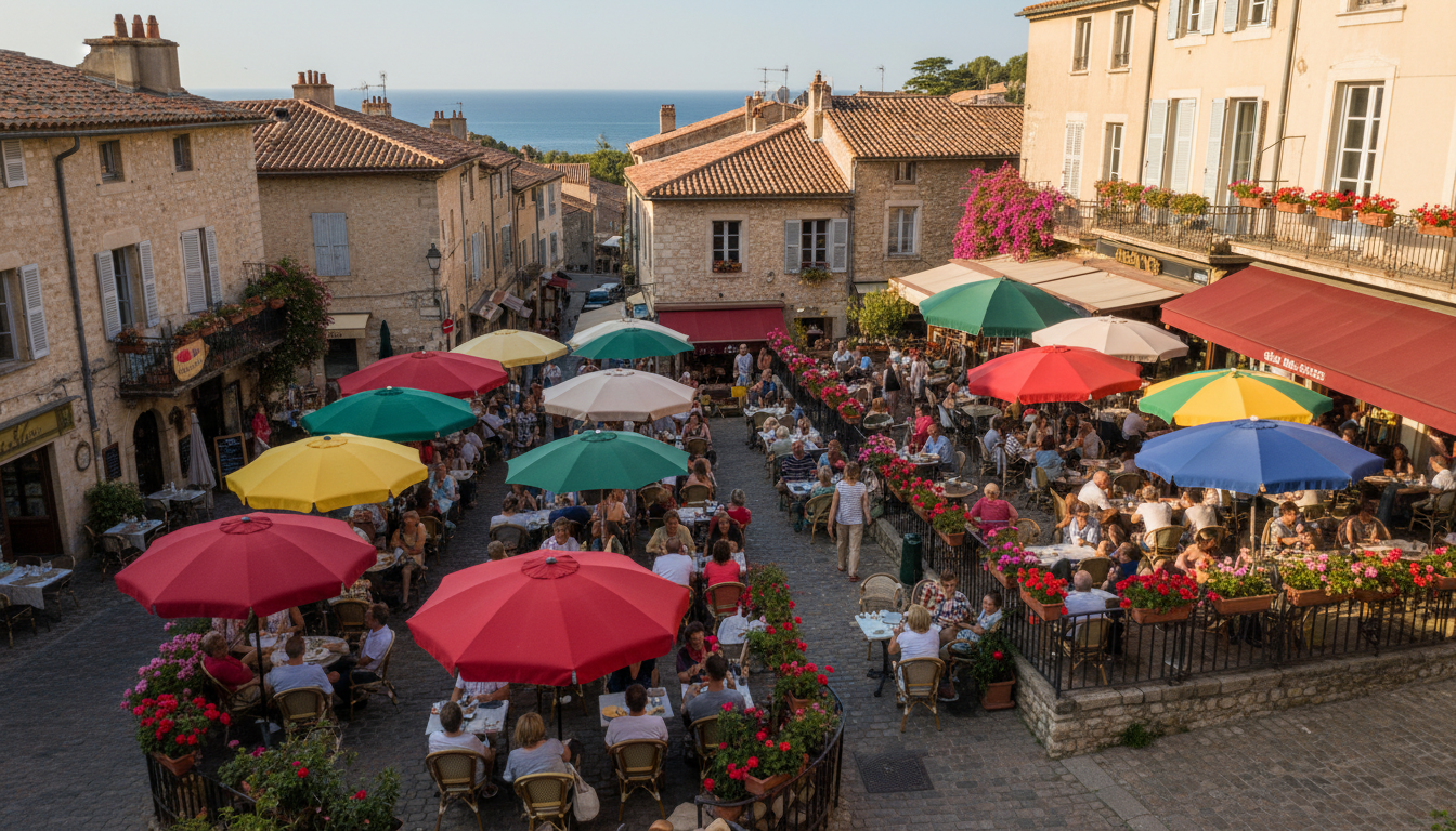 Place de village avec terrasses de caf&eacute;, ambiance vivante, typique des communes o&ugrave; une licence 4 peut &ecirc;tre pr&eacute;serv&eacute;e