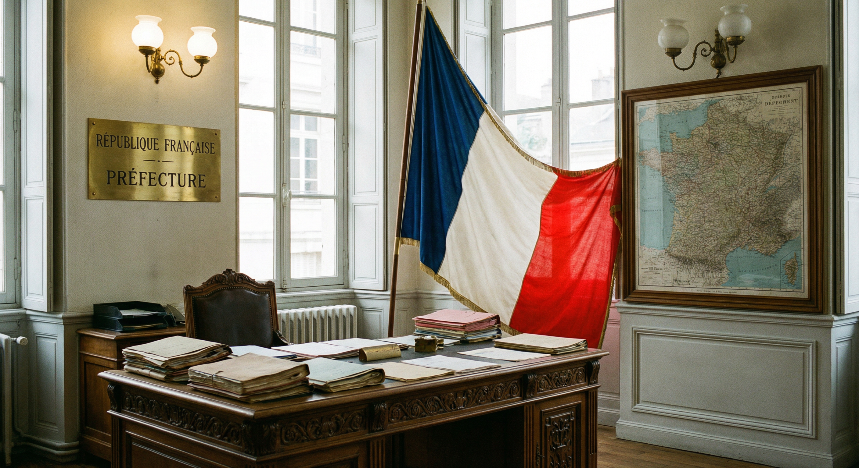 Bureau préfectoral français avec drapeau tricolore, dossiers administratifs, plaque Préfecture, carte départementale