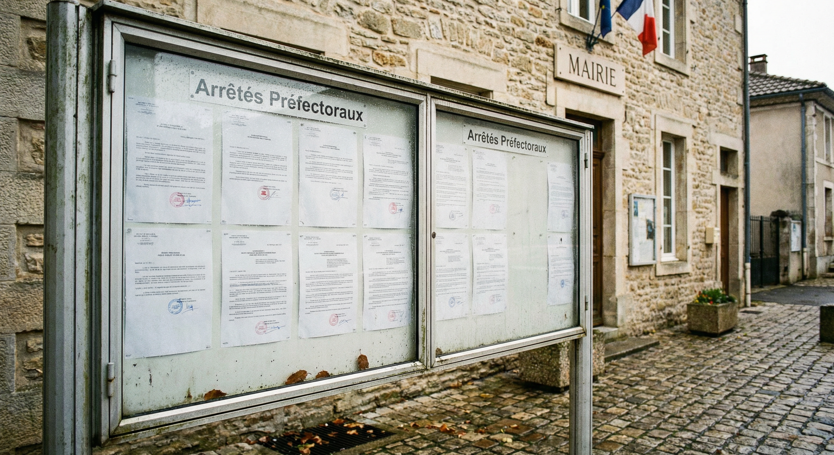 Panneau d'affichage municipal avec arrêtés préfectoraux, vitrine de la mairie, documents officiels