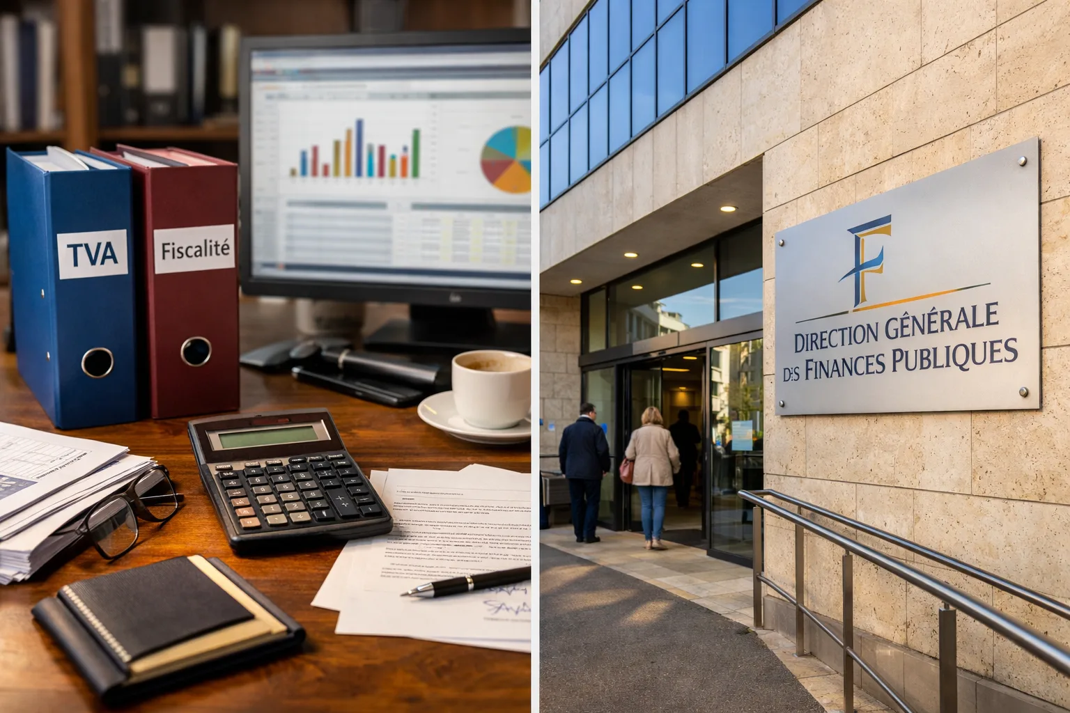 Classeurs TVA et fiscalité avec calculatrice sur un bureau et façade de la Direction Générale des Finances Publiques