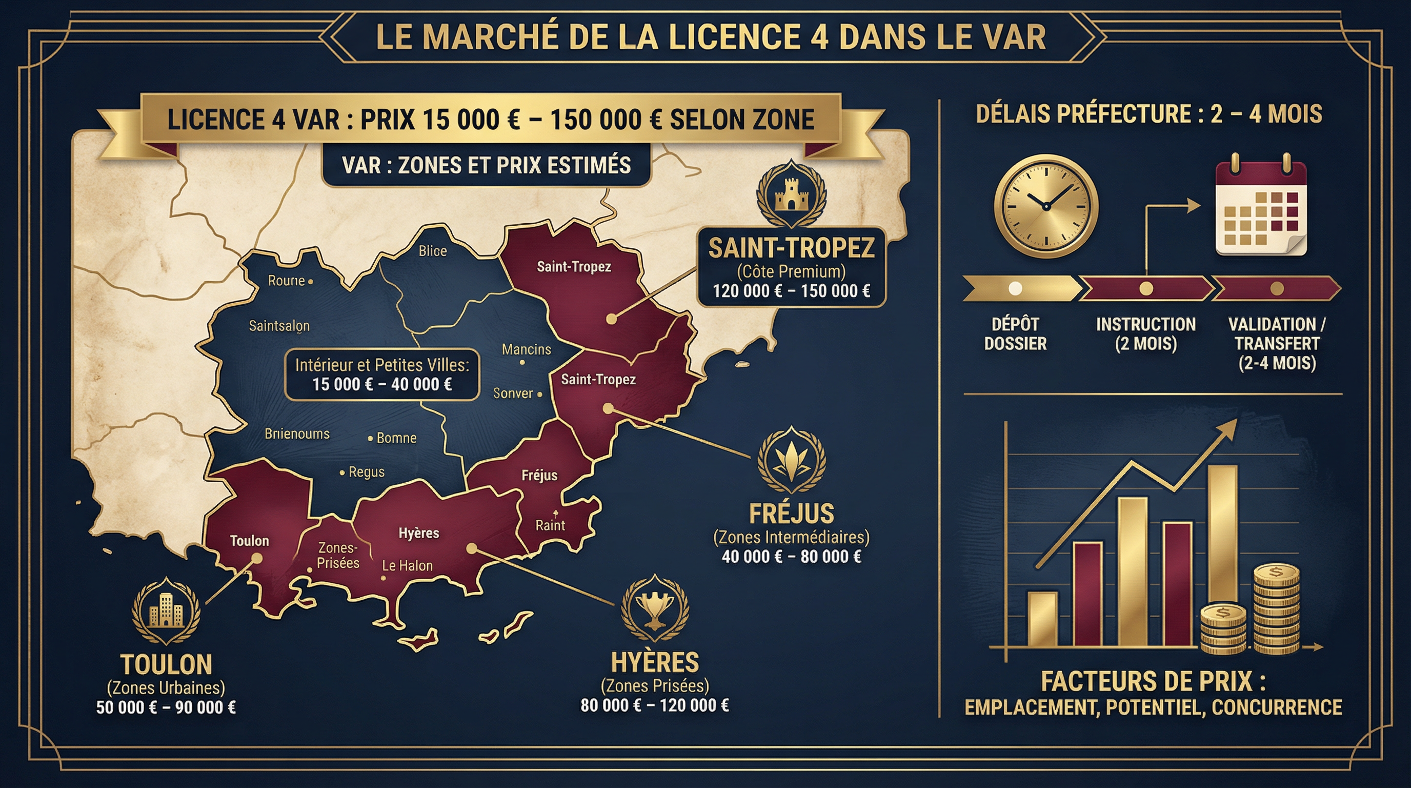 Infographie : prix des licences 4 dans le Var (15 000 à 150 000 €) selon zone, Toulon, Fréjus, Saint-Tropez, Hyères