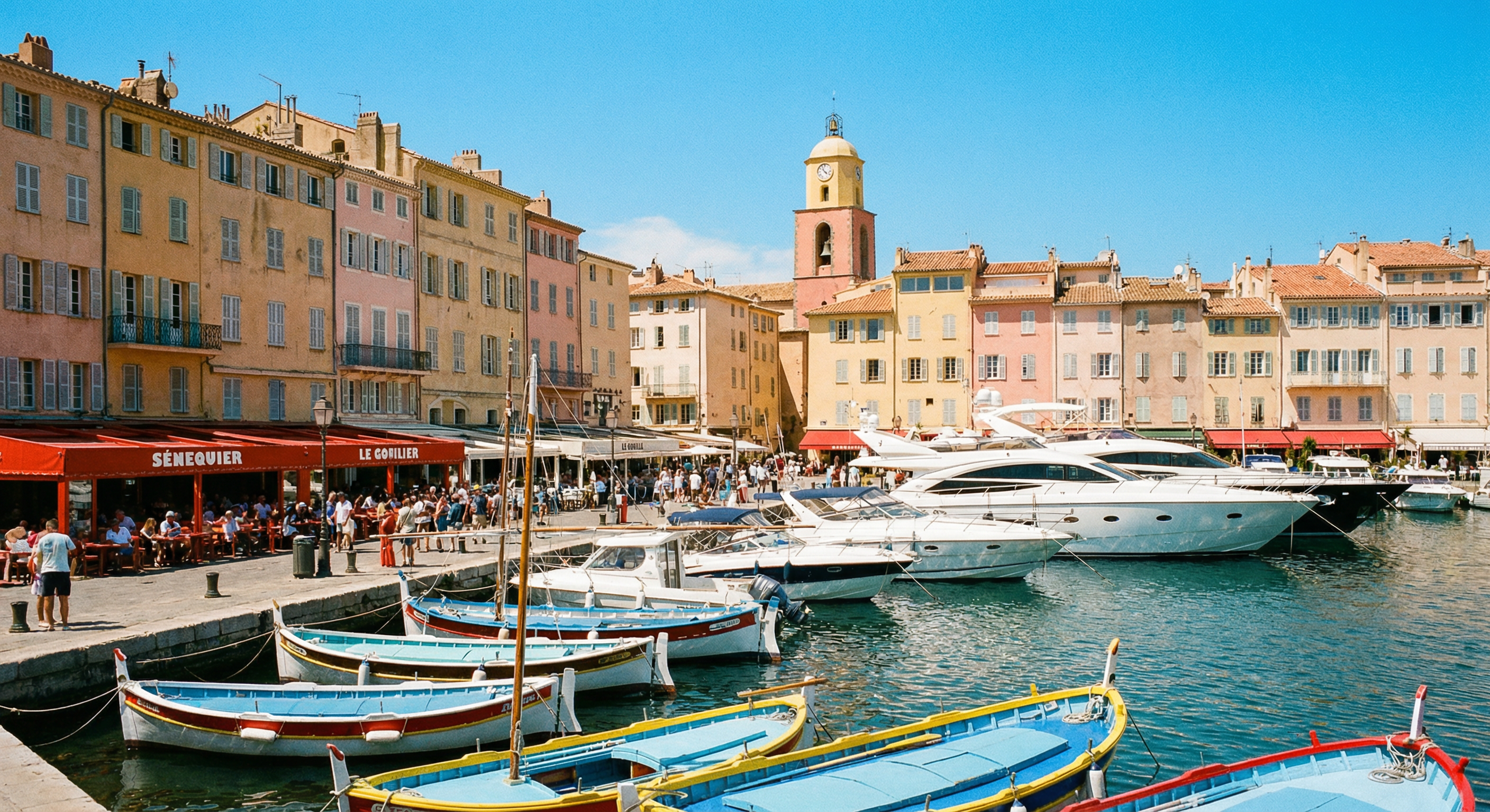 Port de Saint-Tropez avec yachts et terrasses de cafés, façades pastel, tour du clocher, ambiance French Riviera